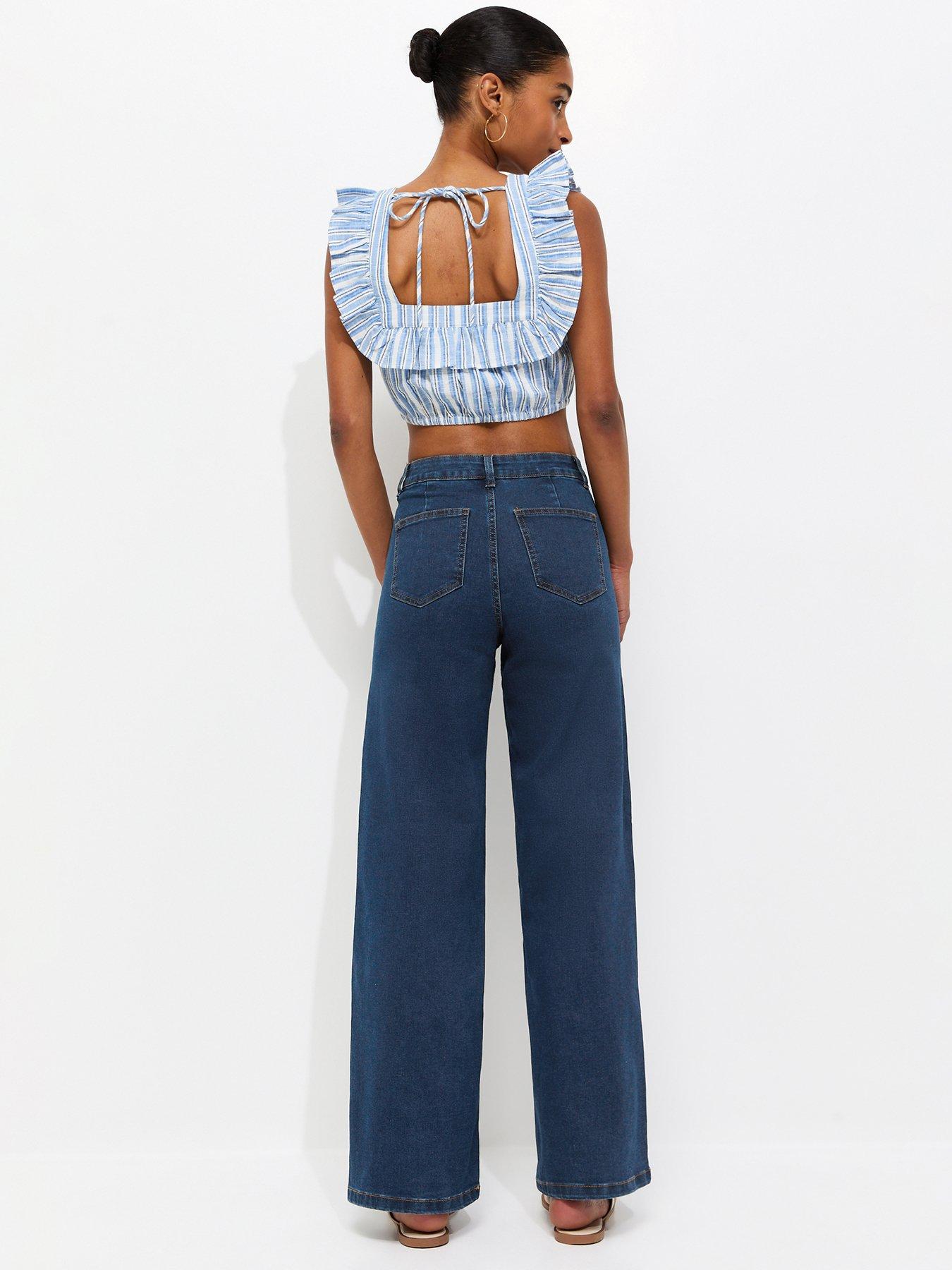 Image 3 of 7 of New Look New Look Womens High Waist Stretch Wide Leg Jeans - Blue