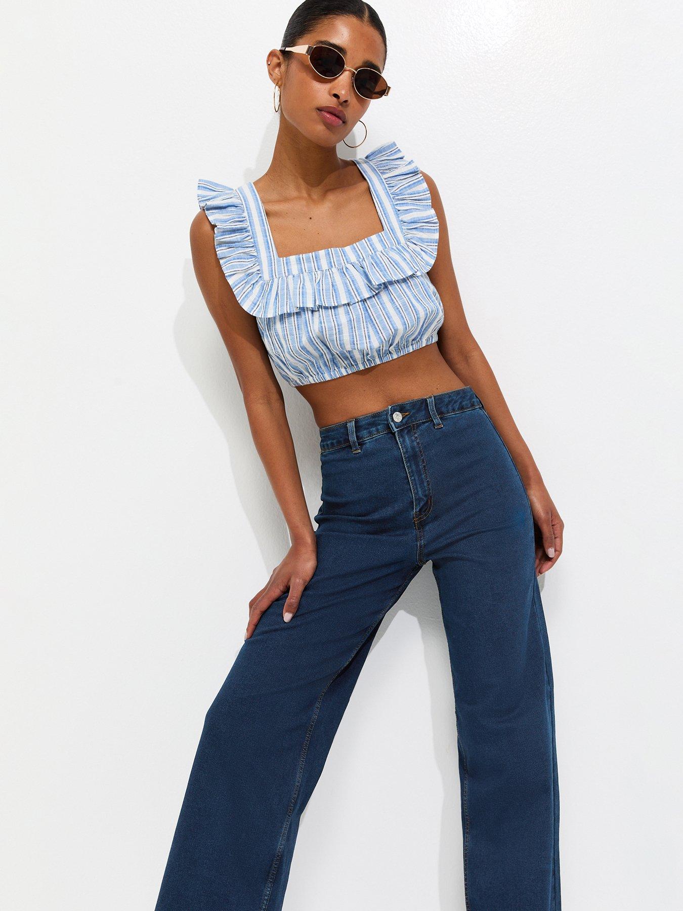 Image 4 of 7 of New Look New Look Womens High Waist Stretch Wide Leg Jeans - Blue