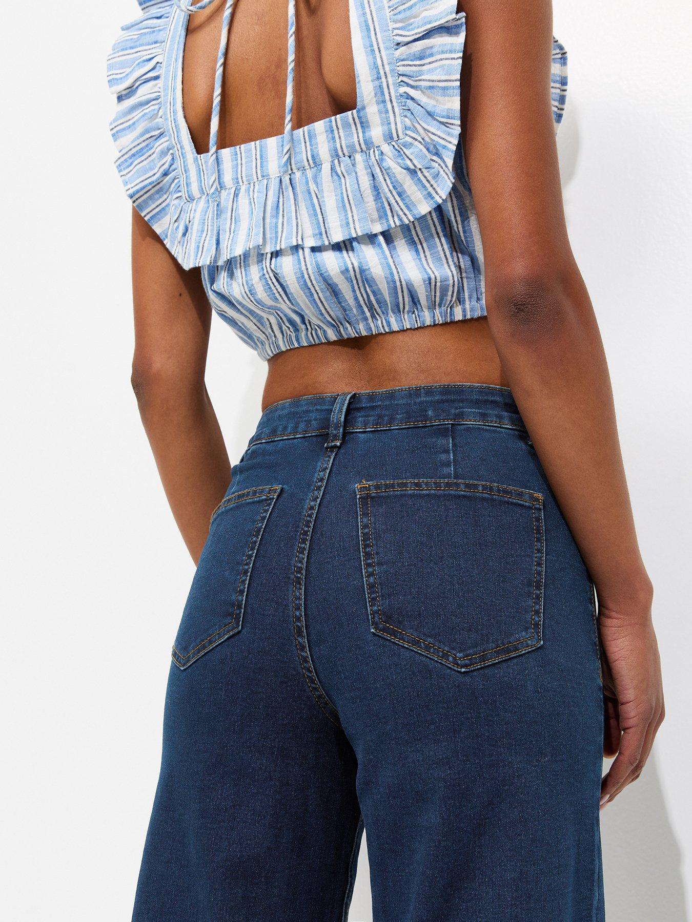 Image 5 of 7 of New Look New Look Womens High Waist Stretch Wide Leg Jeans - Blue