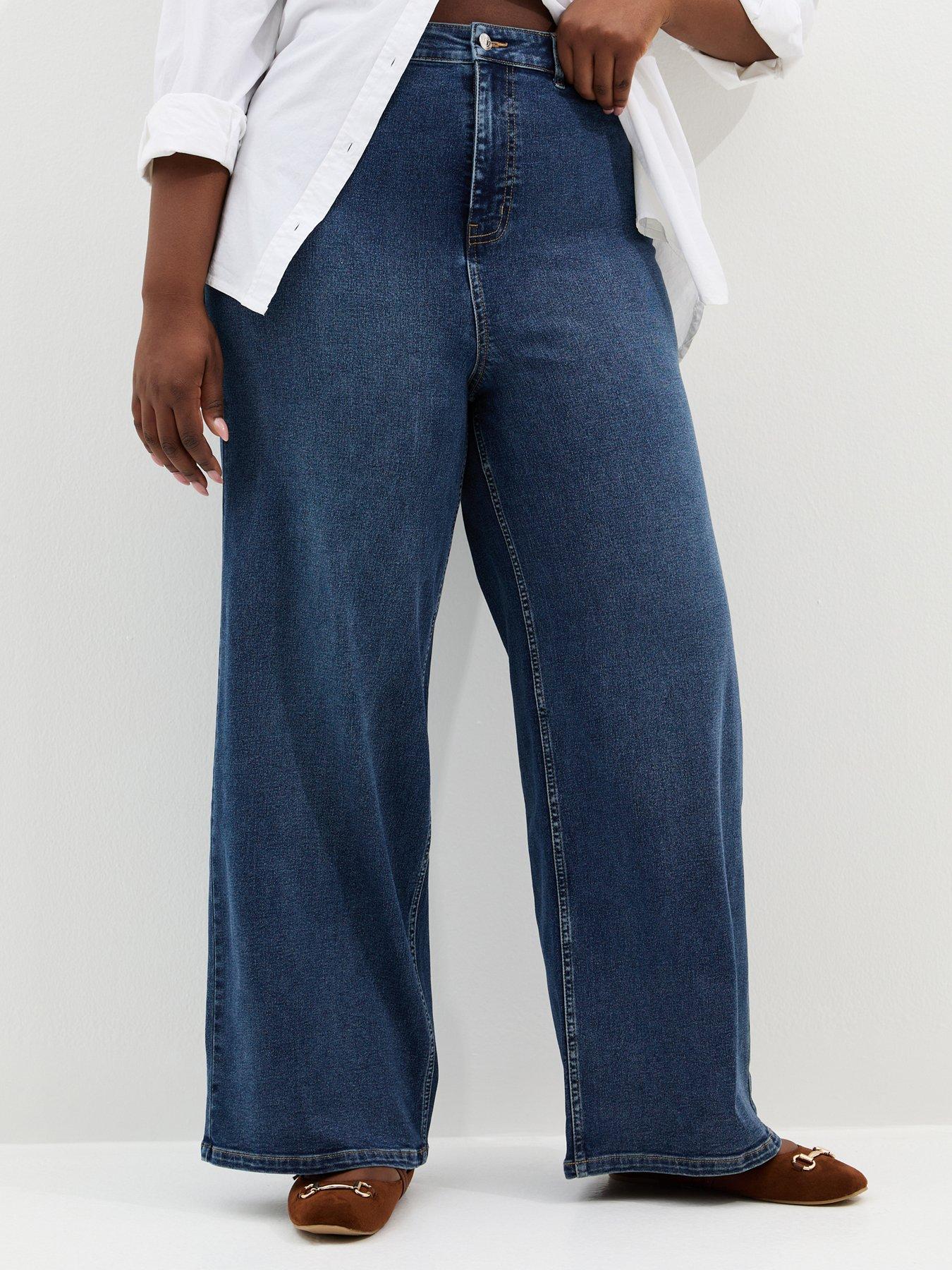 New Look Curves High Waist Stretch Denim Wide Leg Jeans - Blue
