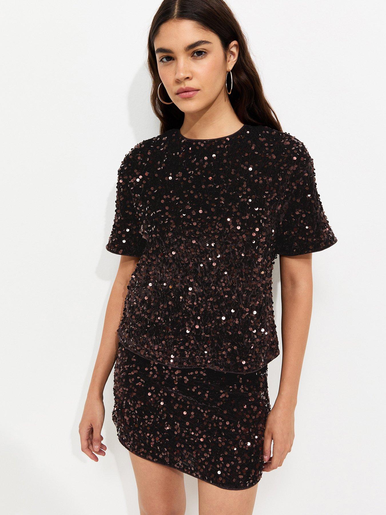 Image 1 of 6 of New Look Womens Sequin Velvet Short Sleeve Top - Brown
