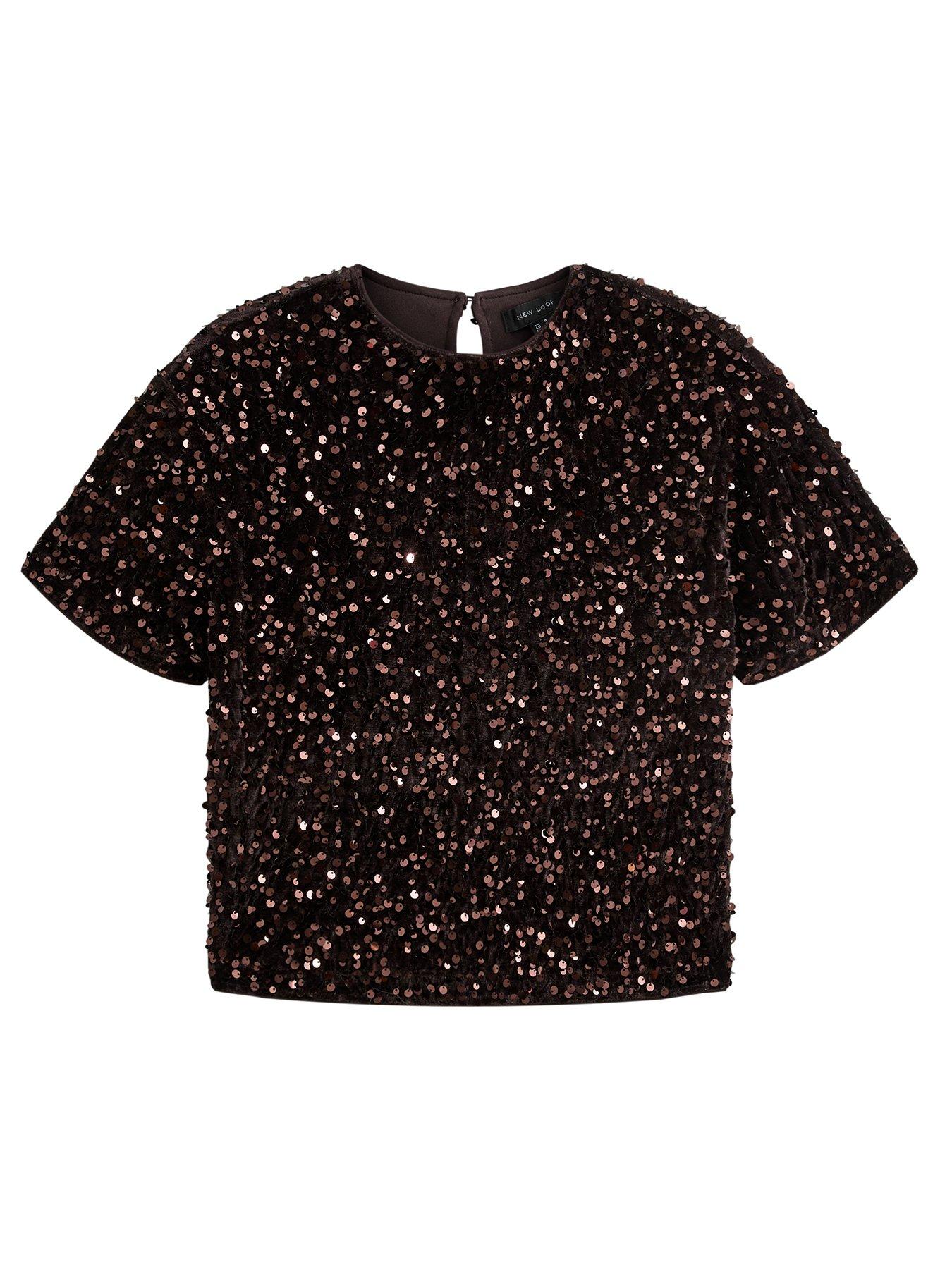 Image 5 of 6 of New Look Womens Sequin Velvet Short Sleeve Top - Brown
