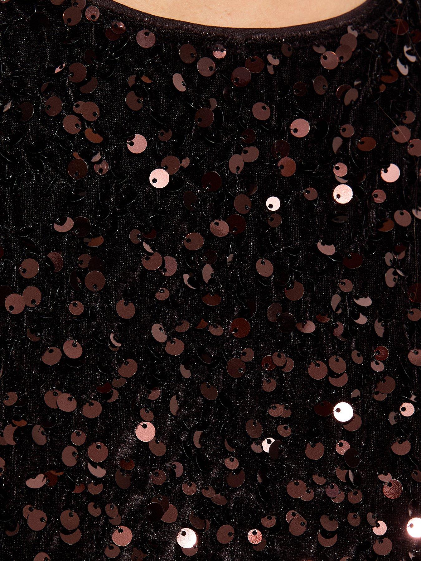 Image 6 of 6 of New Look Womens Sequin Velvet Short Sleeve Top - Brown