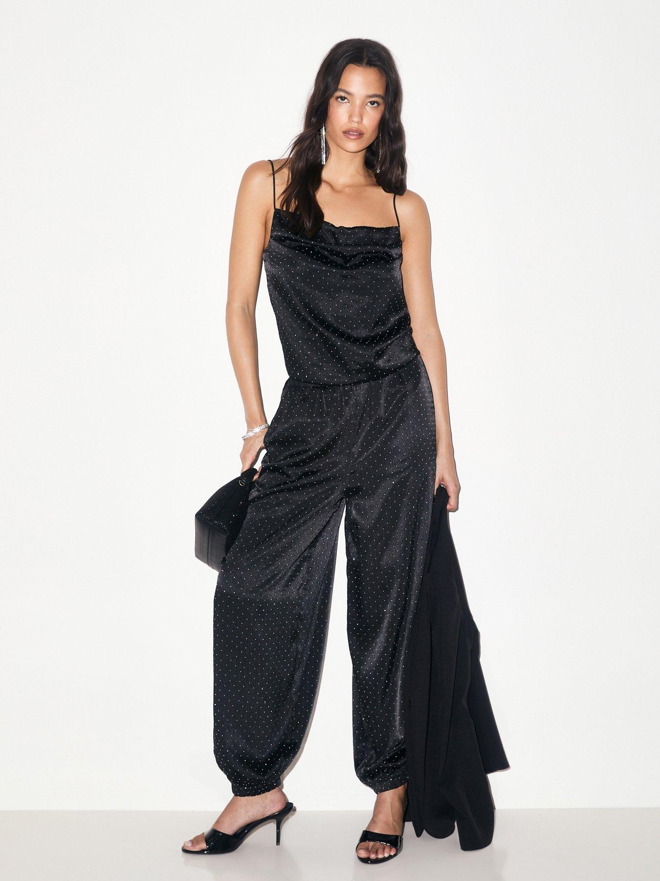 Image 3 of 6 of New Look Womens Cowl Neck Diamante Velvet Cami Top&nbsp;- Black