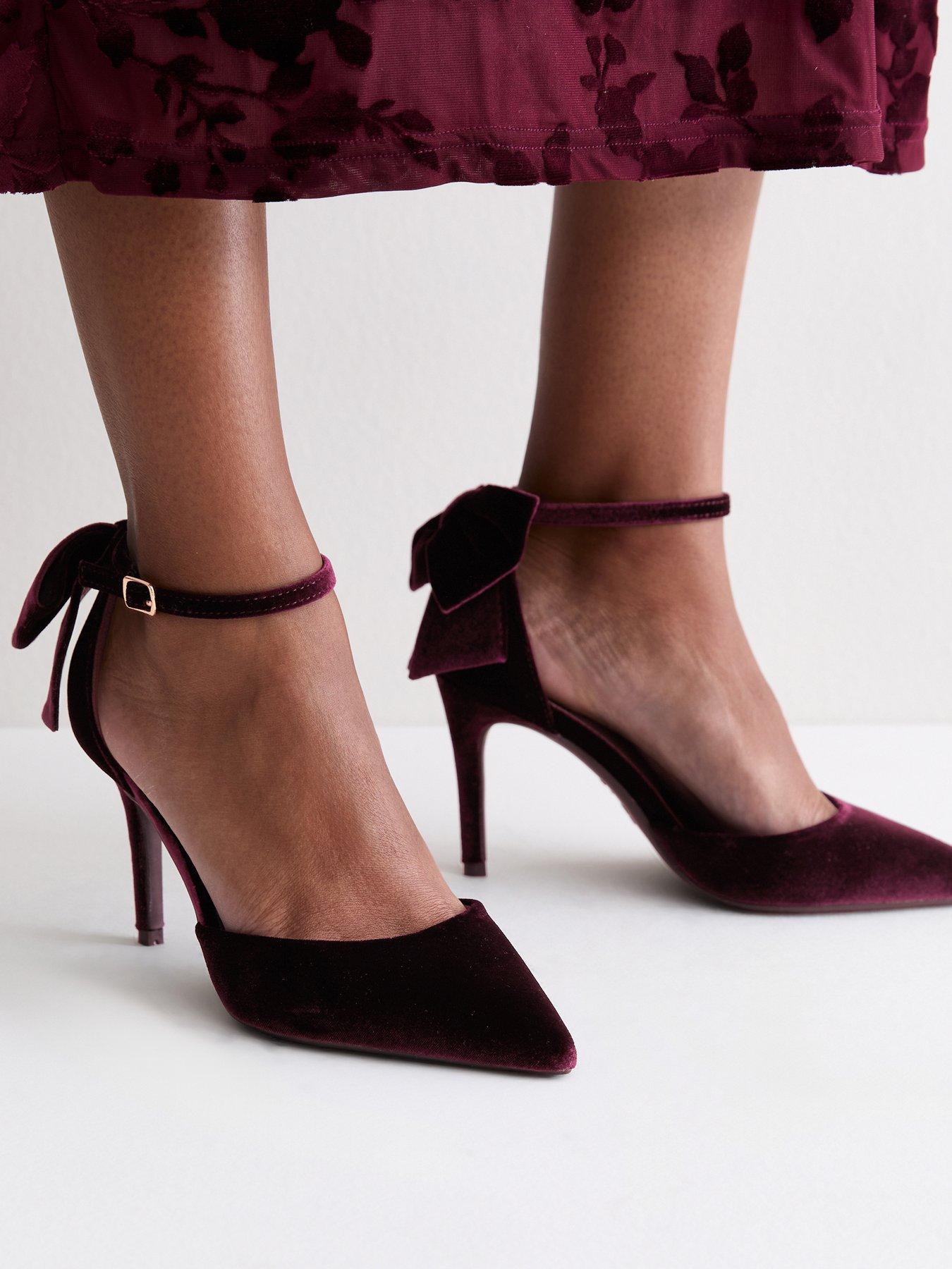 Image 1 of 6 of New Look Womens Wide Fit Velvet Bow Back Court Shoes - Dark Red