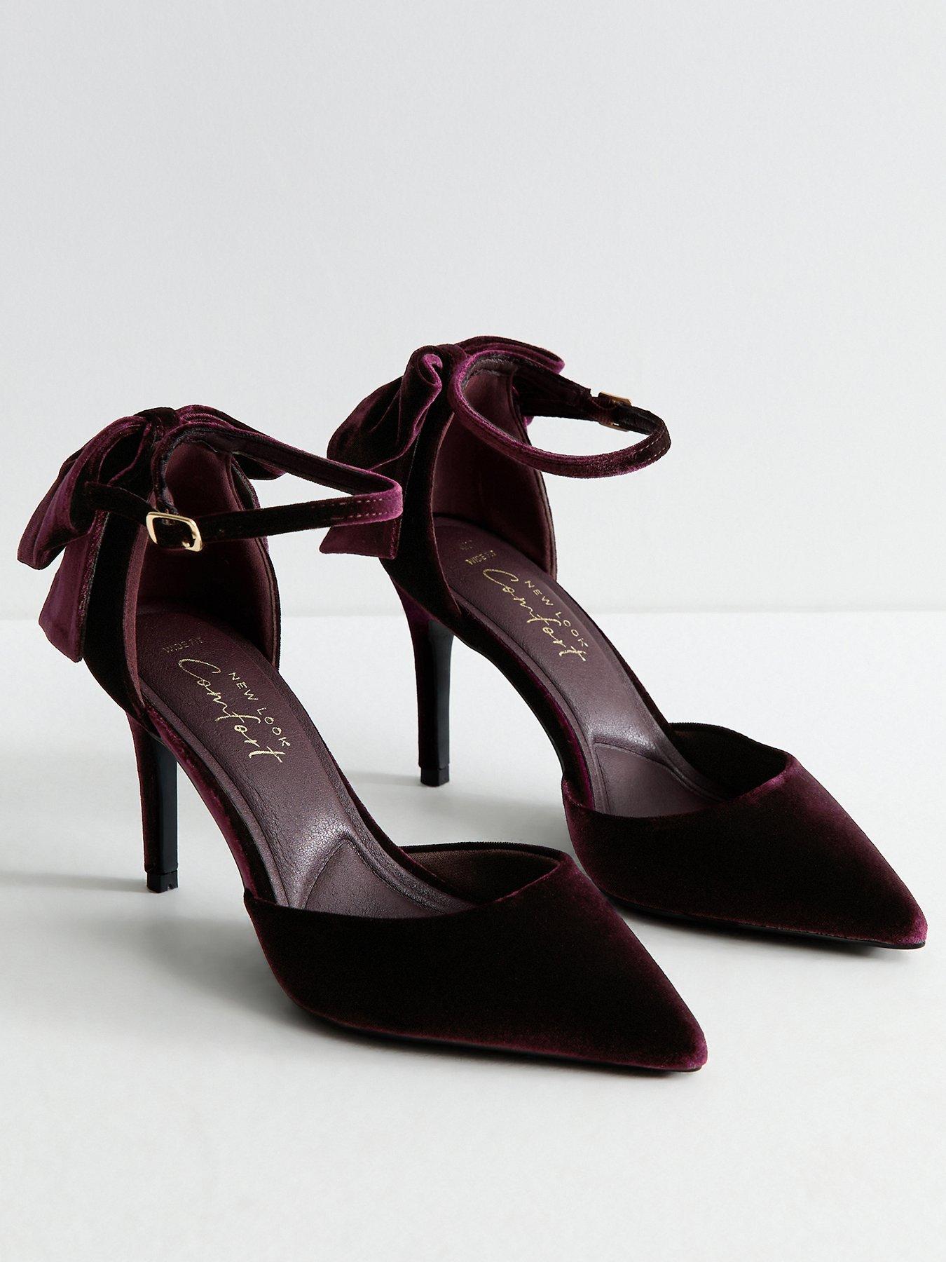 Image 3 of 6 of New Look Womens Wide Fit Velvet Bow Back Court Shoes - Dark Red