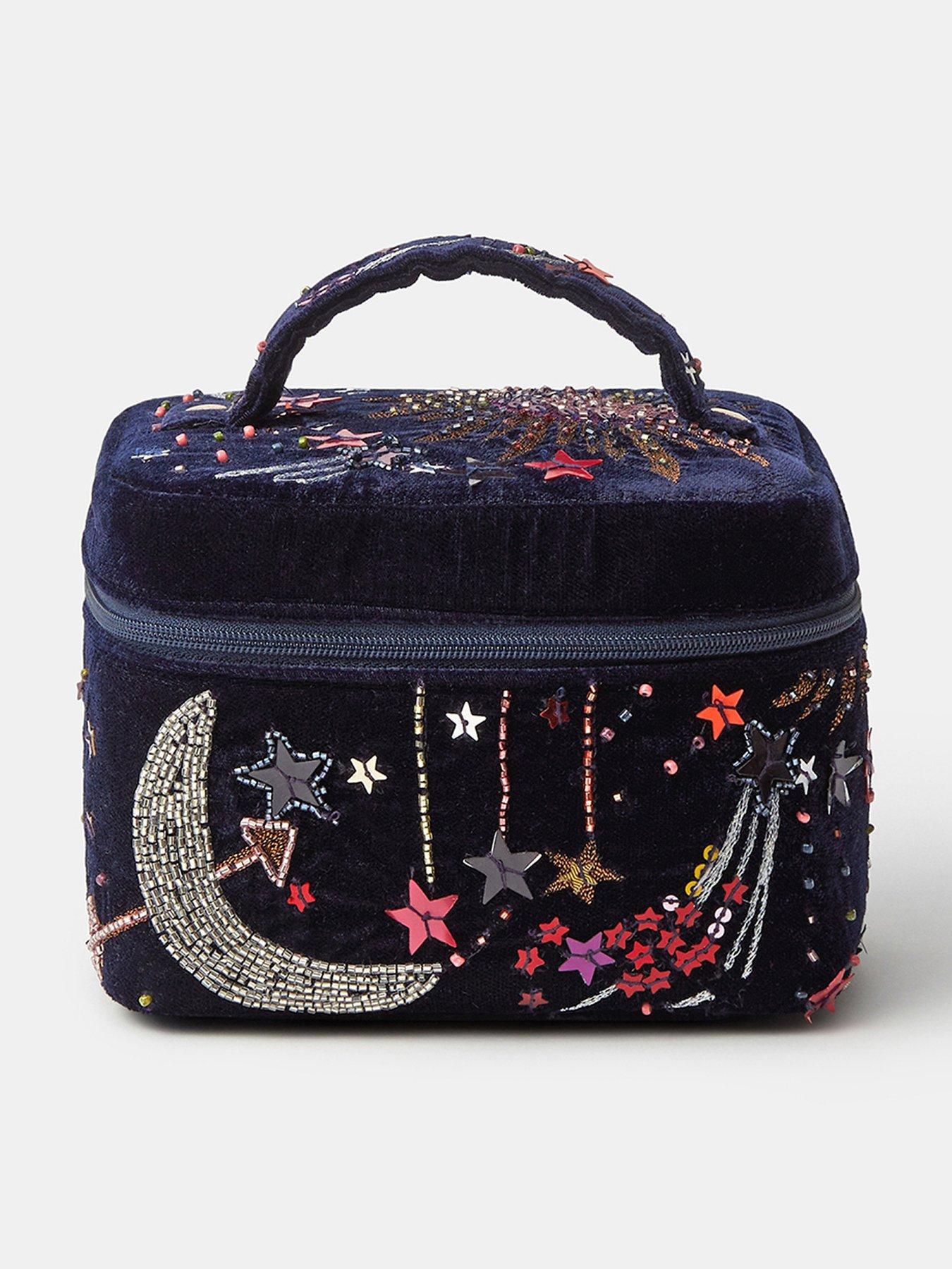 Image 1 of 3 of Accessorize Womens Celestial Embellished Velvet Makeup Bag - Blue