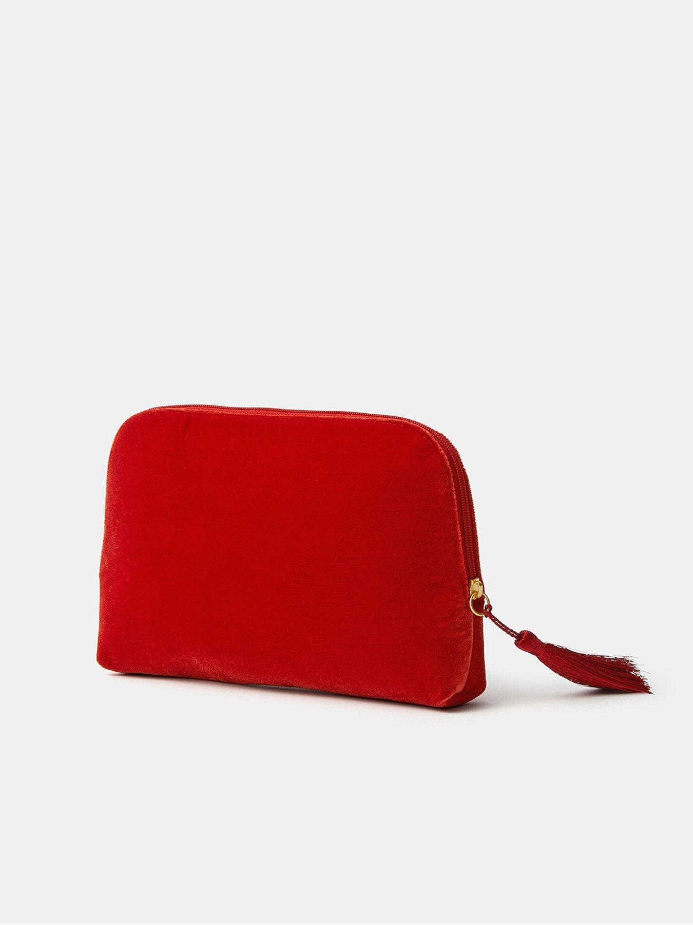 Image 2 of 4 of Accessorize Accessorize Embellished Cherry Velvet Zip Pouch Bag - Red