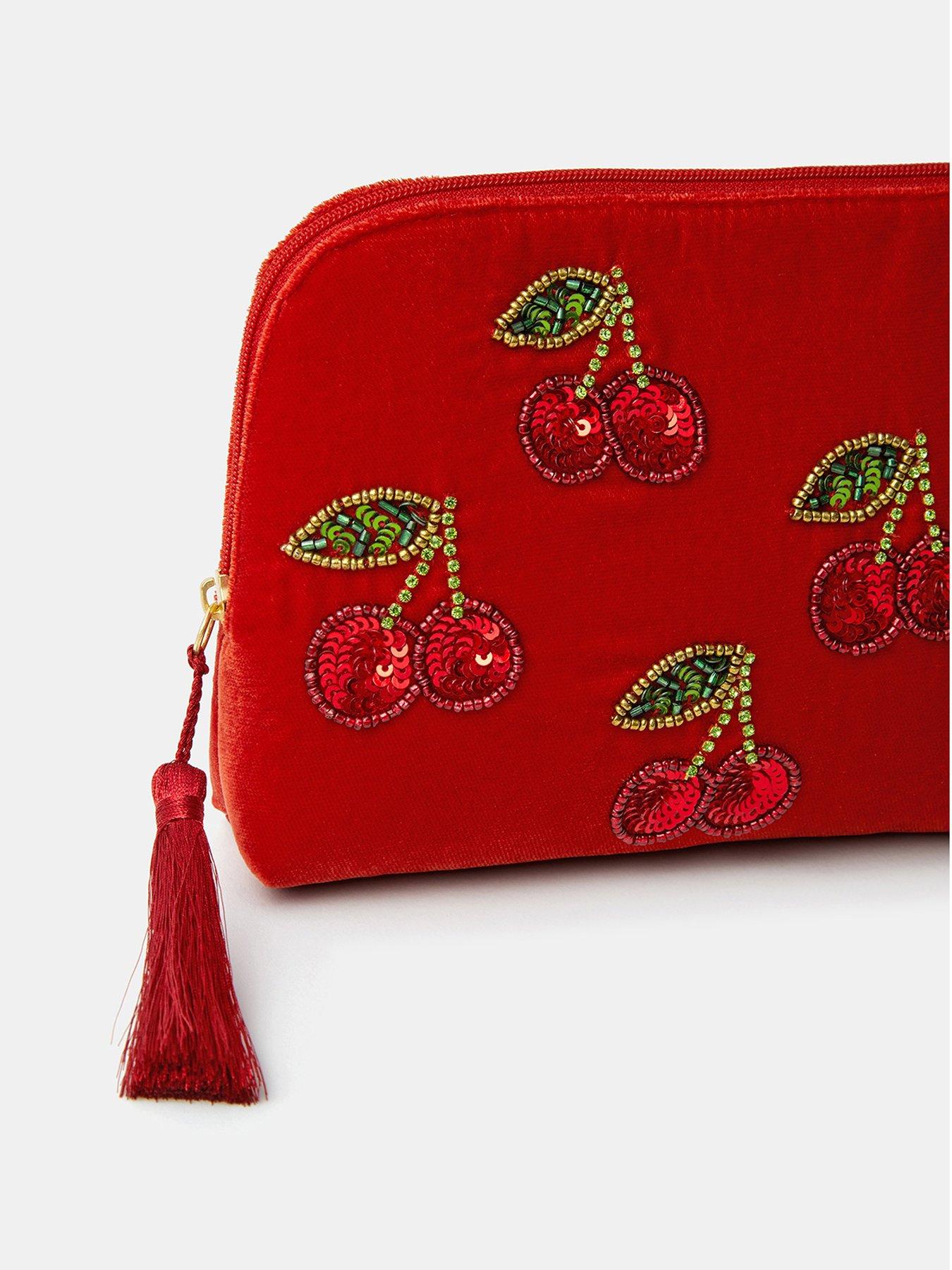 Image 3 of 4 of Accessorize Accessorize Embellished Cherry Velvet Zip Pouch Bag - Red