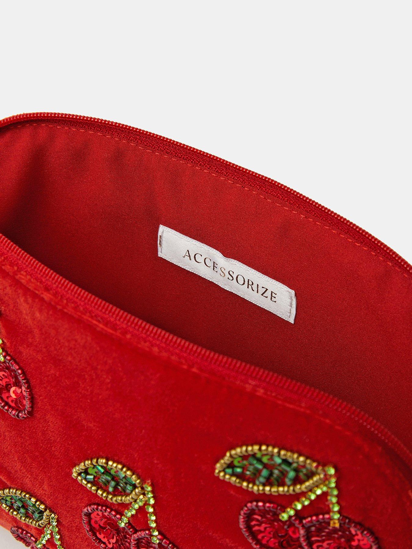 Image 4 of 4 of Accessorize Accessorize Embellished Cherry Velvet Zip Pouch Bag - Red