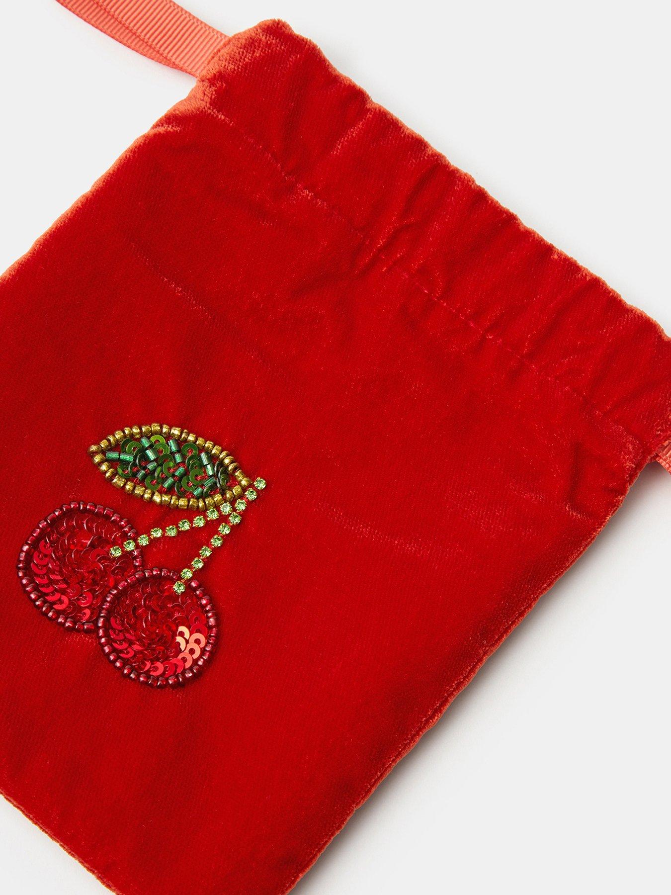 Image 3 of 3 of Accessorize Womens Cherry Sequin Drawstring Velvet Bag - Orange