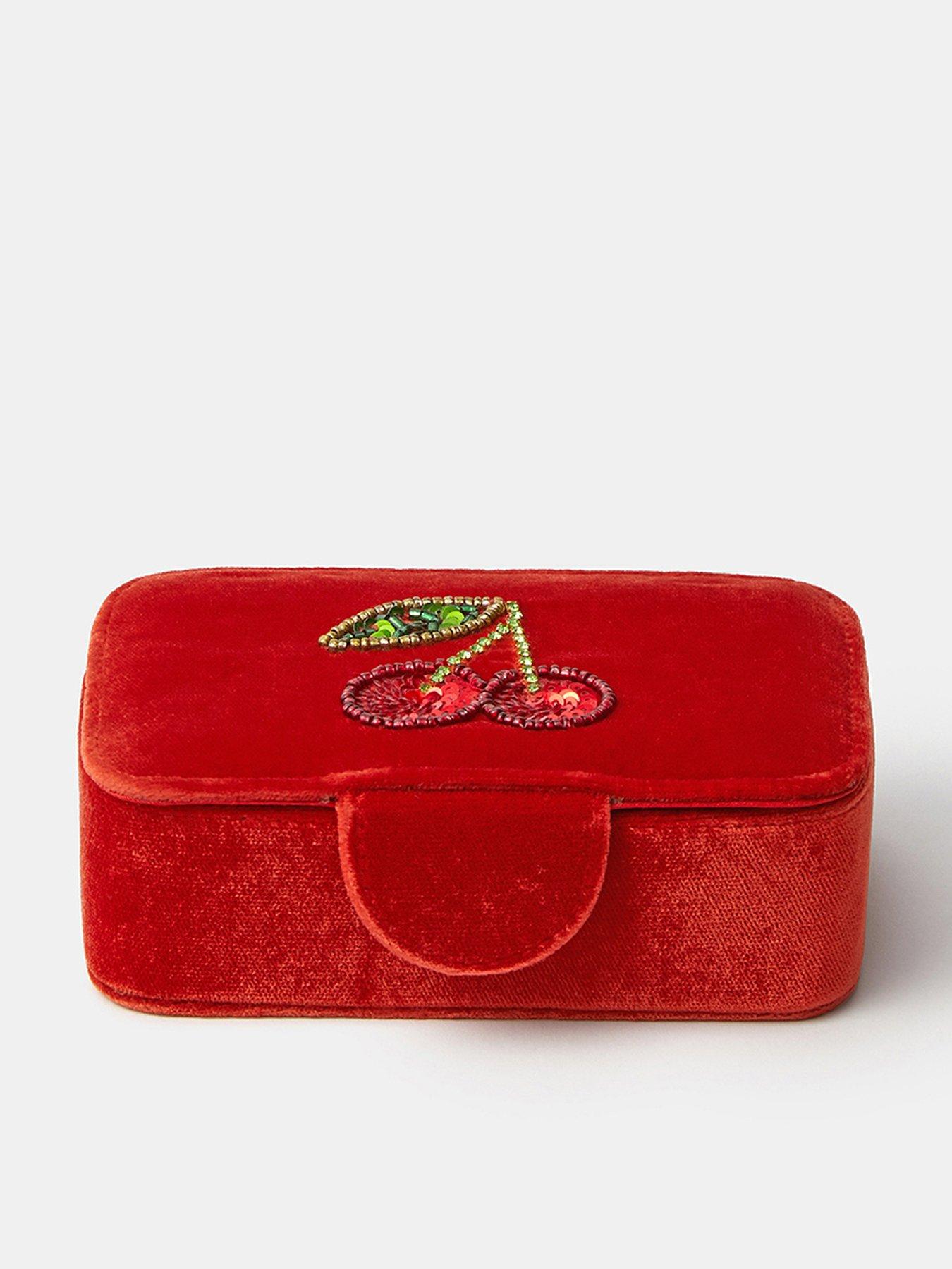 Image 1 of 3 of Accessorize Womens Cherry Embellished Velvet Jewellery Box - Orange
