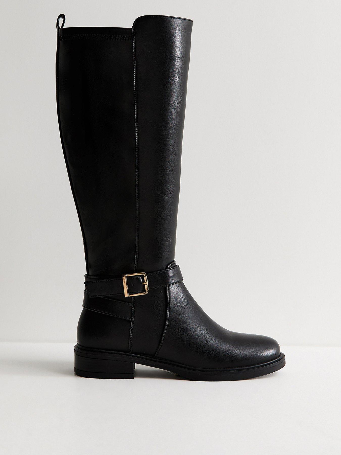 Image 1 of 5 of New Look Womens Wide Faux Leather Knee High Riding Boots - Black