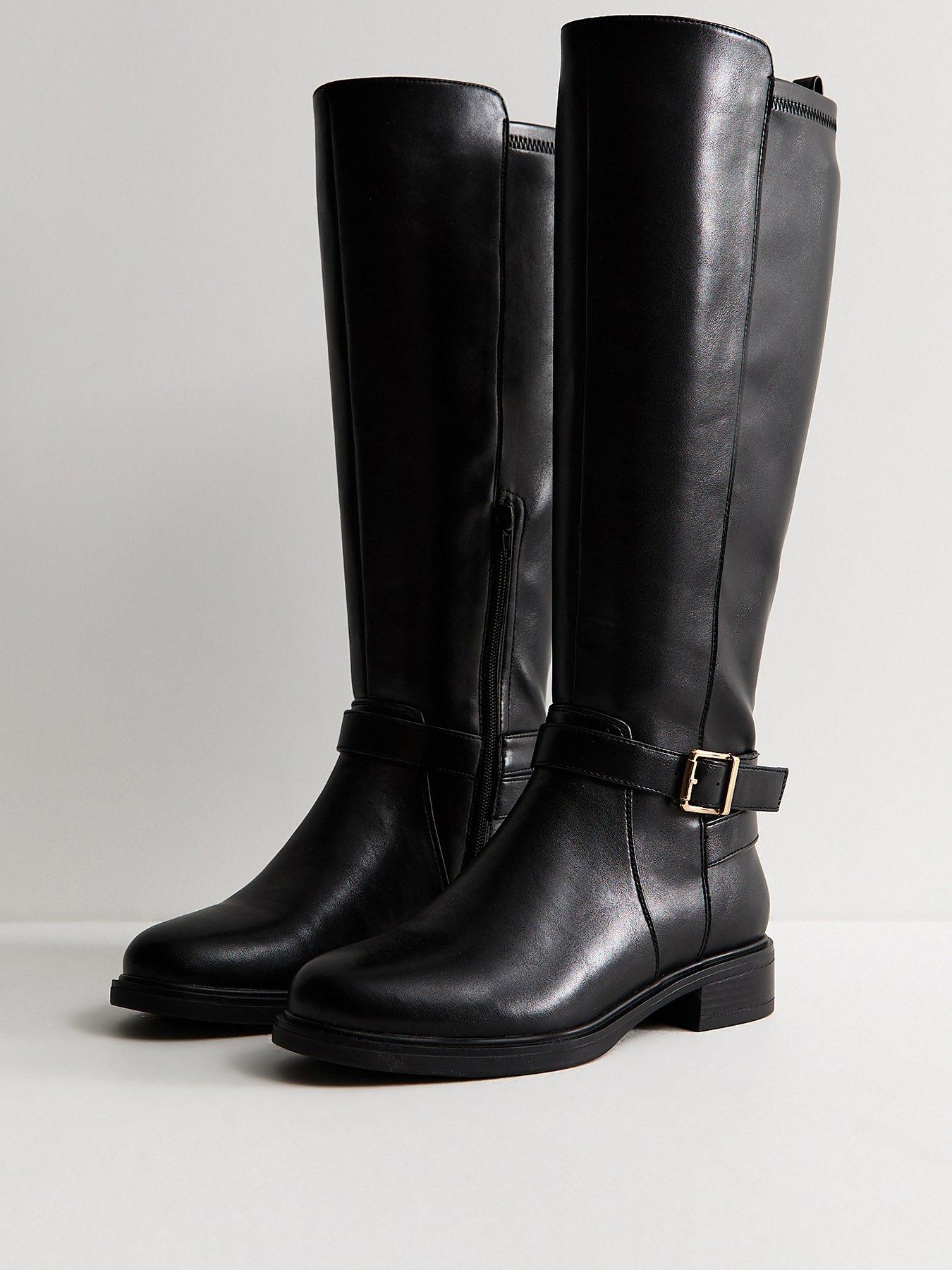 Image 2 of 5 of New Look Womens Wide Faux Leather Knee High Riding Boots - Black