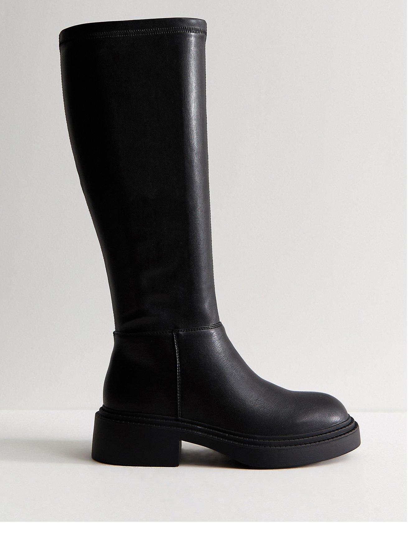 Image 1 of 4 of New Look Womens Wide Fit Faux Leather Chunky Knee High Boots - Black