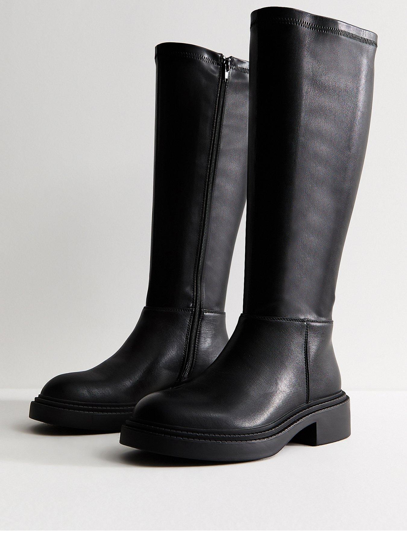 Image 2 of 4 of New Look Womens Wide Fit Faux Leather Chunky Knee High Boots - Black