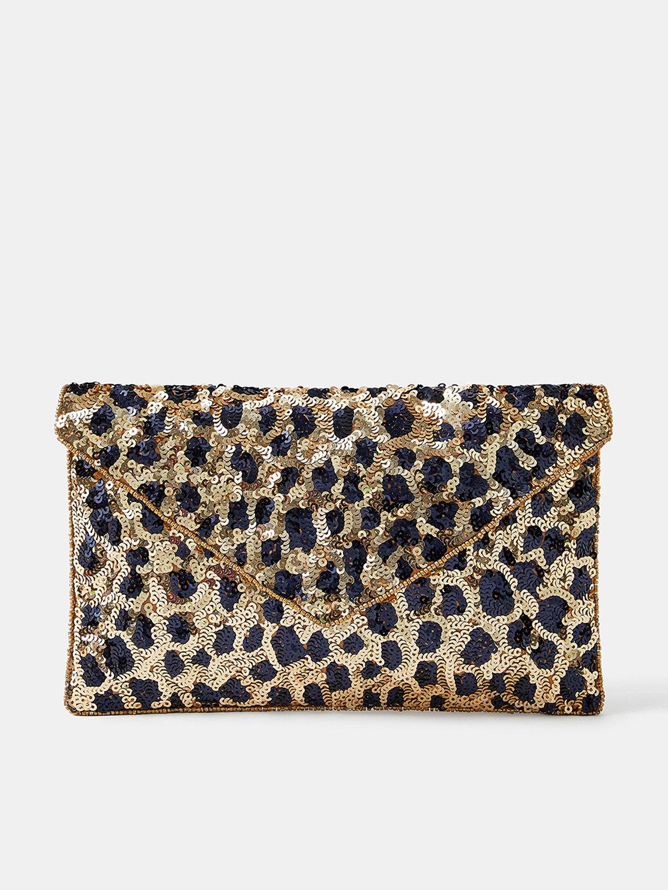 Image 1 of 5 of Accessorize Leopard Sequin Envelope Clutch Bag - Multi