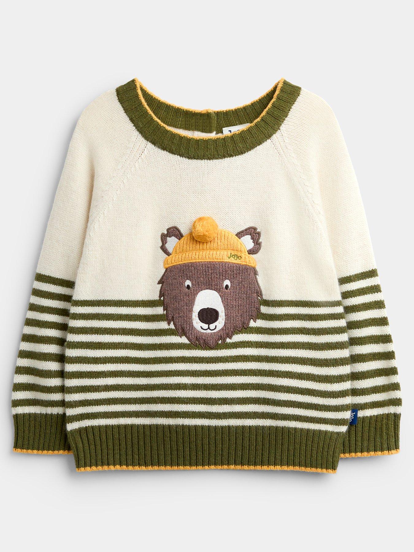 Image 1 of 4 of JoJo Maman Bebe Toddler Boys Bear Applique Stripe Knitted Jumper - Beige