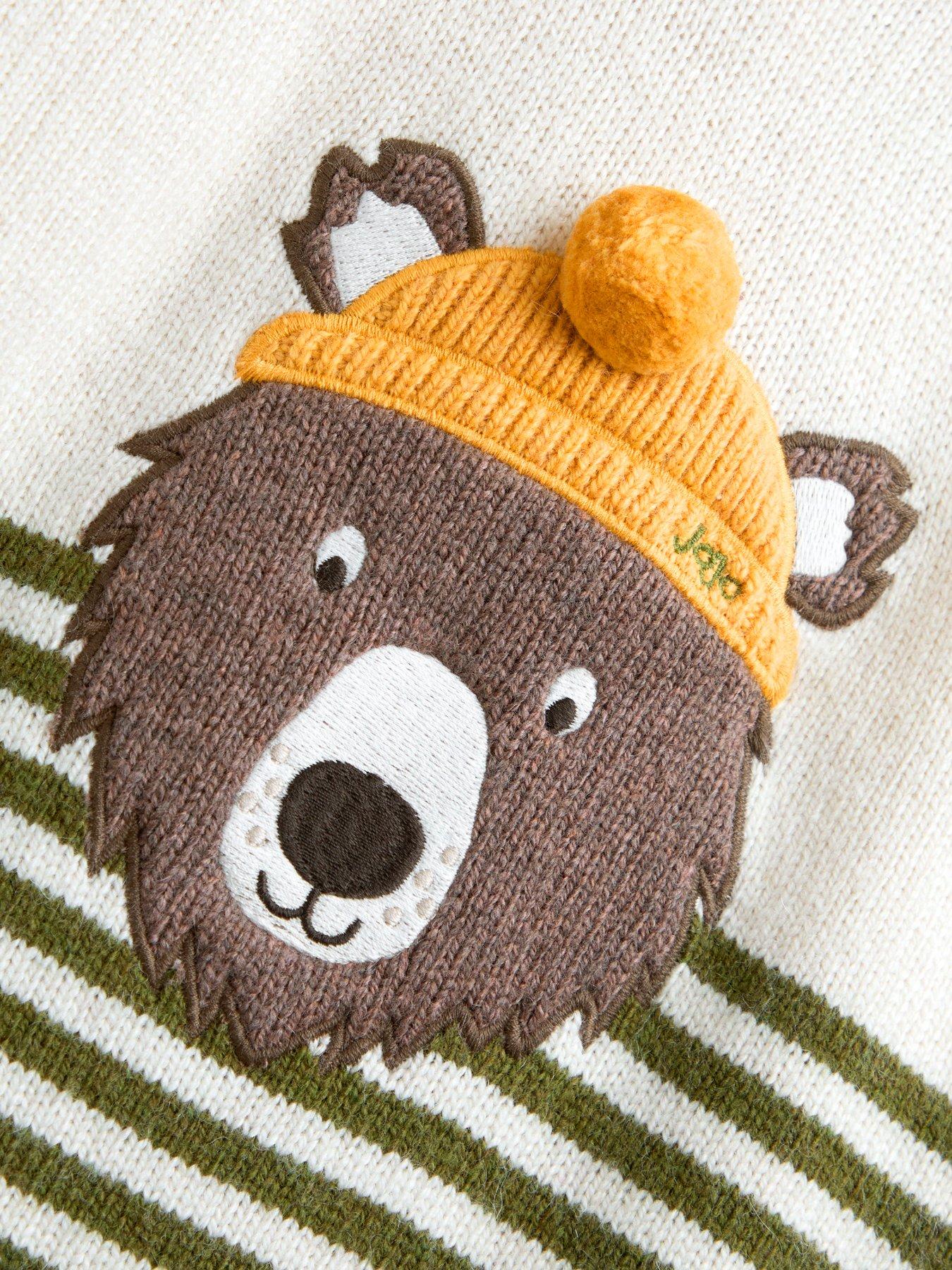 Image 4 of 4 of JoJo Maman Bebe Toddler Boys Bear Applique Stripe Knitted Jumper - Beige