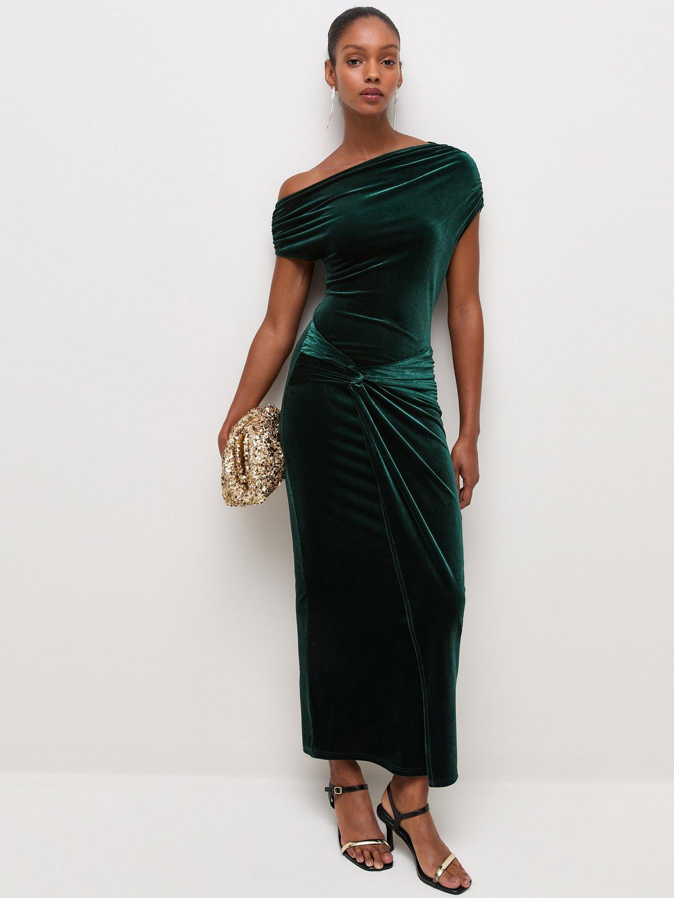 Image 1 of 6 of New Look Womens Off Shoulder Velvet Twist Front Dress - Green