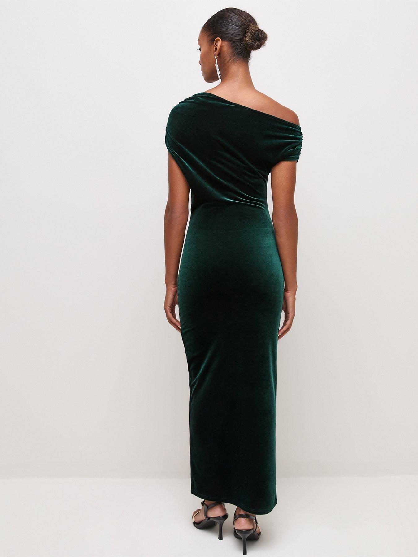 Image 2 of 6 of New Look Womens Off Shoulder Velvet Twist Front Dress - Green