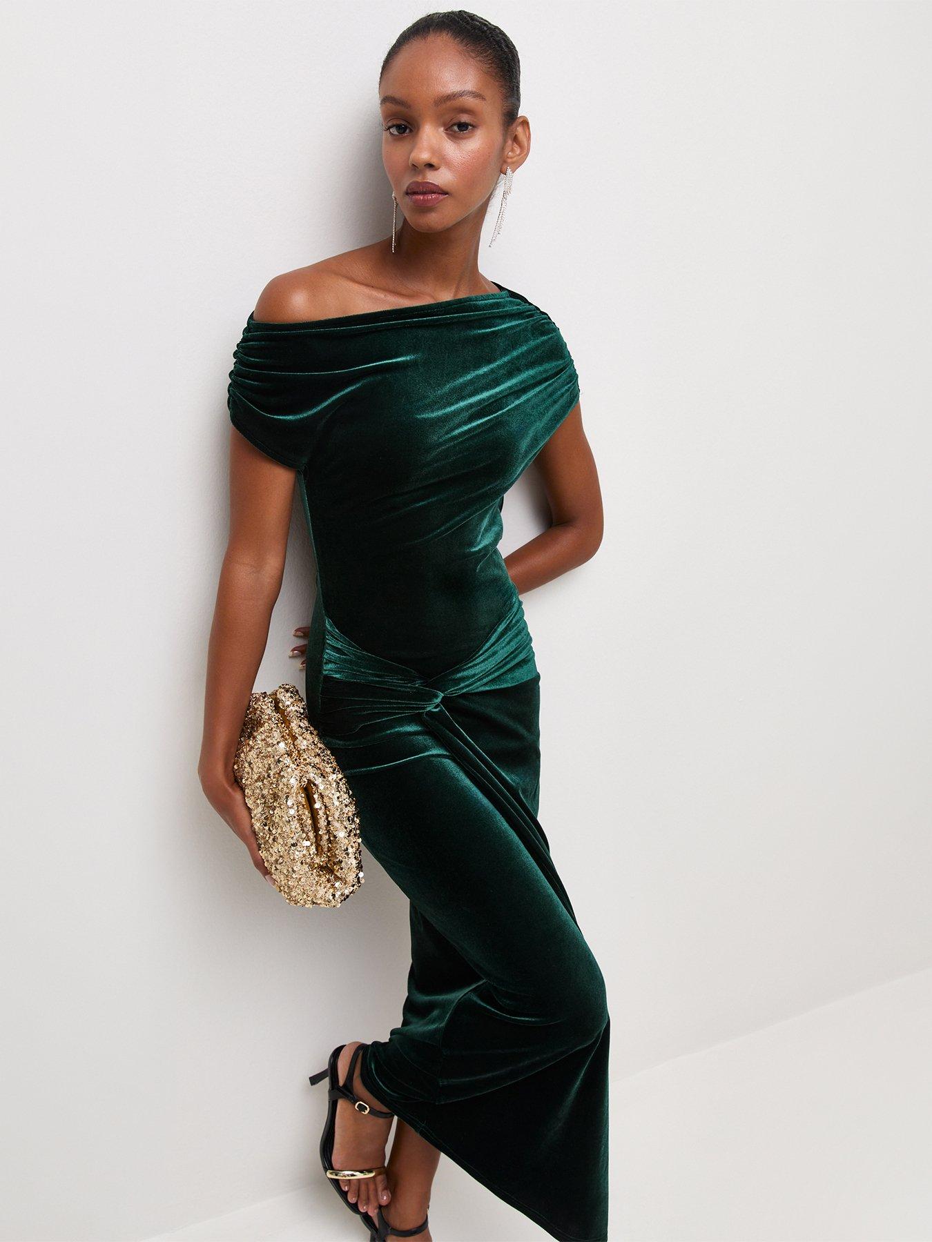 Image 3 of 6 of New Look Womens Off Shoulder Velvet Twist Front Dress - Green