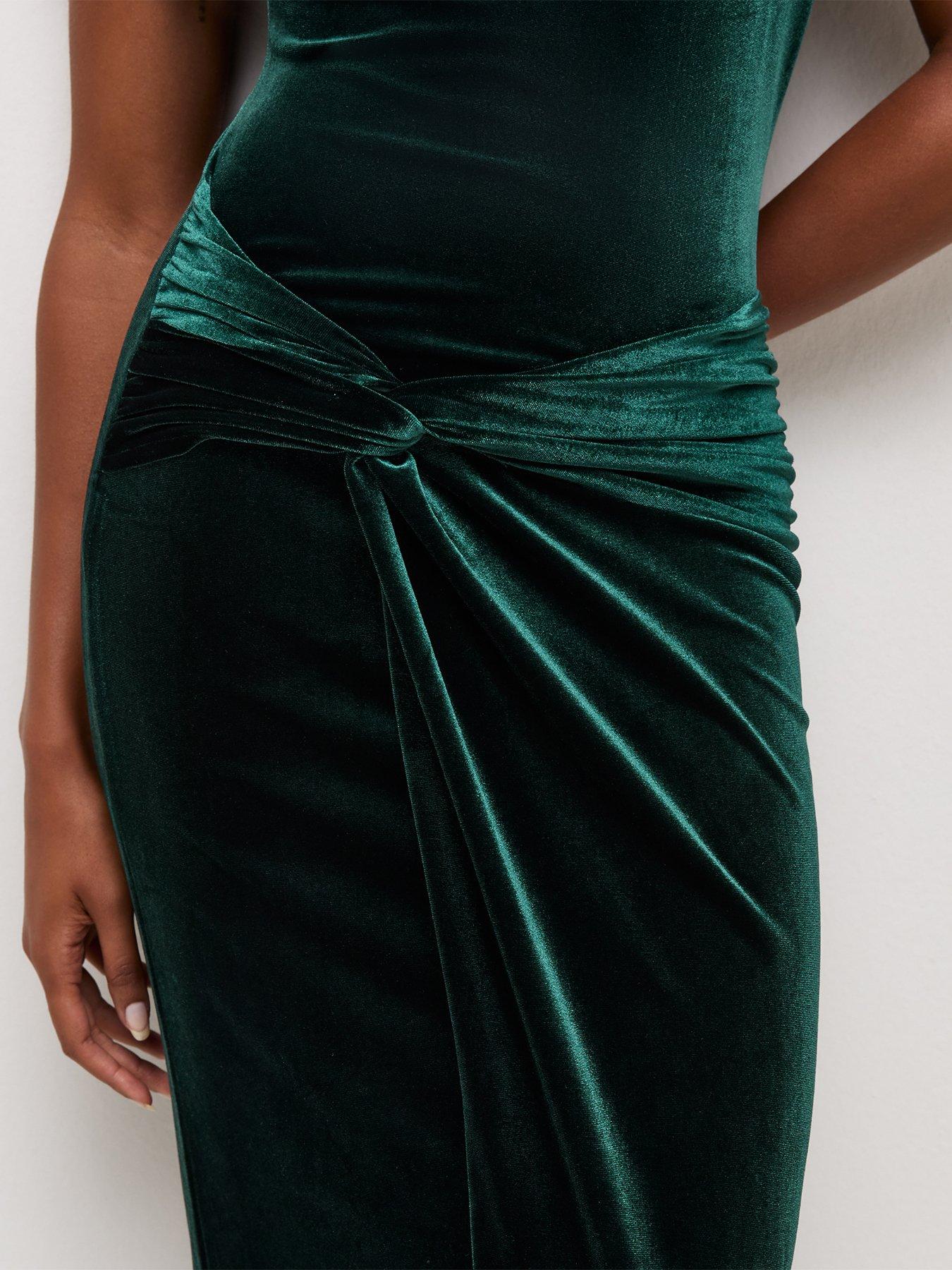 Image 5 of 6 of New Look Womens Off Shoulder Velvet Twist Front Dress - Green