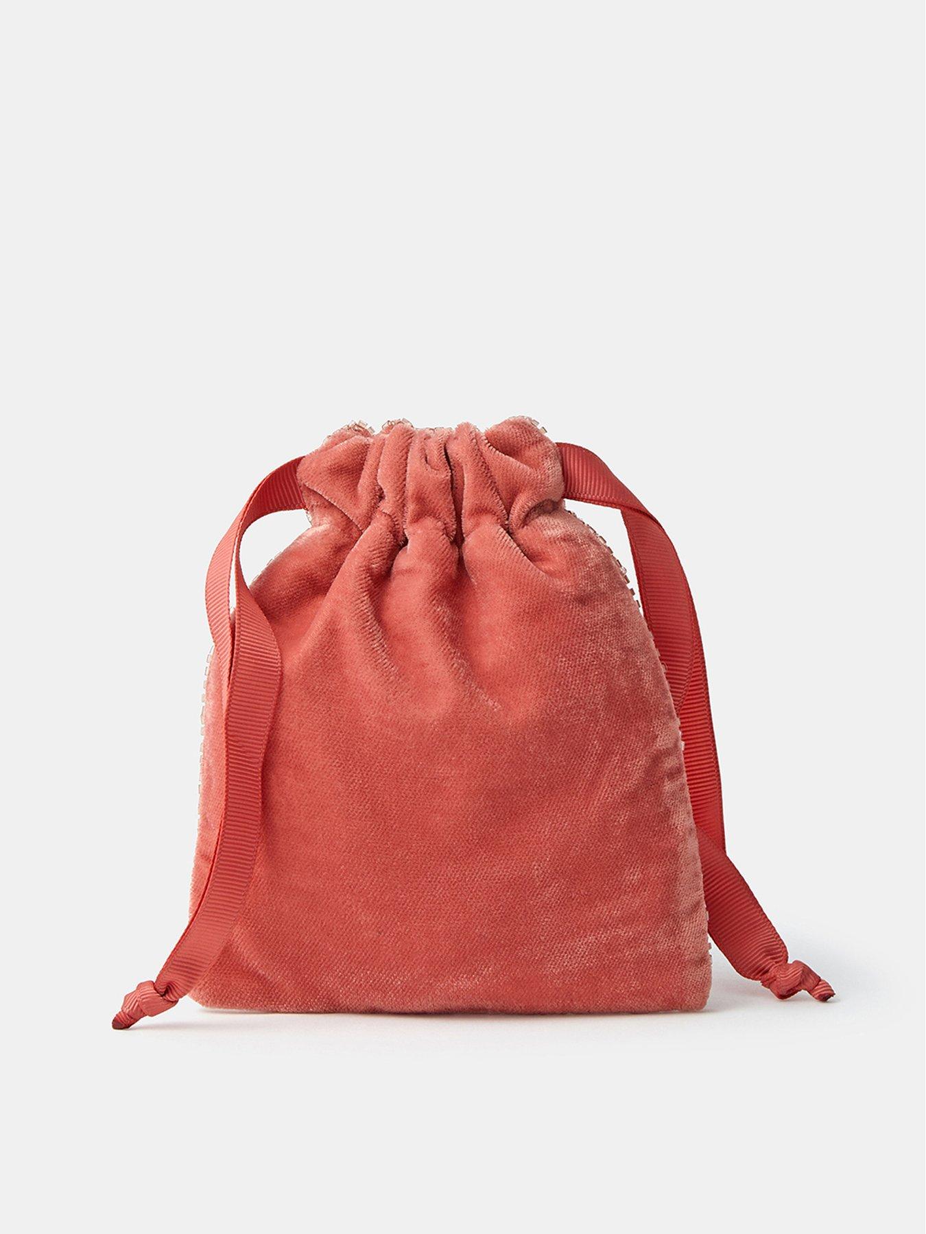 Image 2 of 3 of Accessorize Womens Velvet Beaded Bow Drawstring Bag - Pink