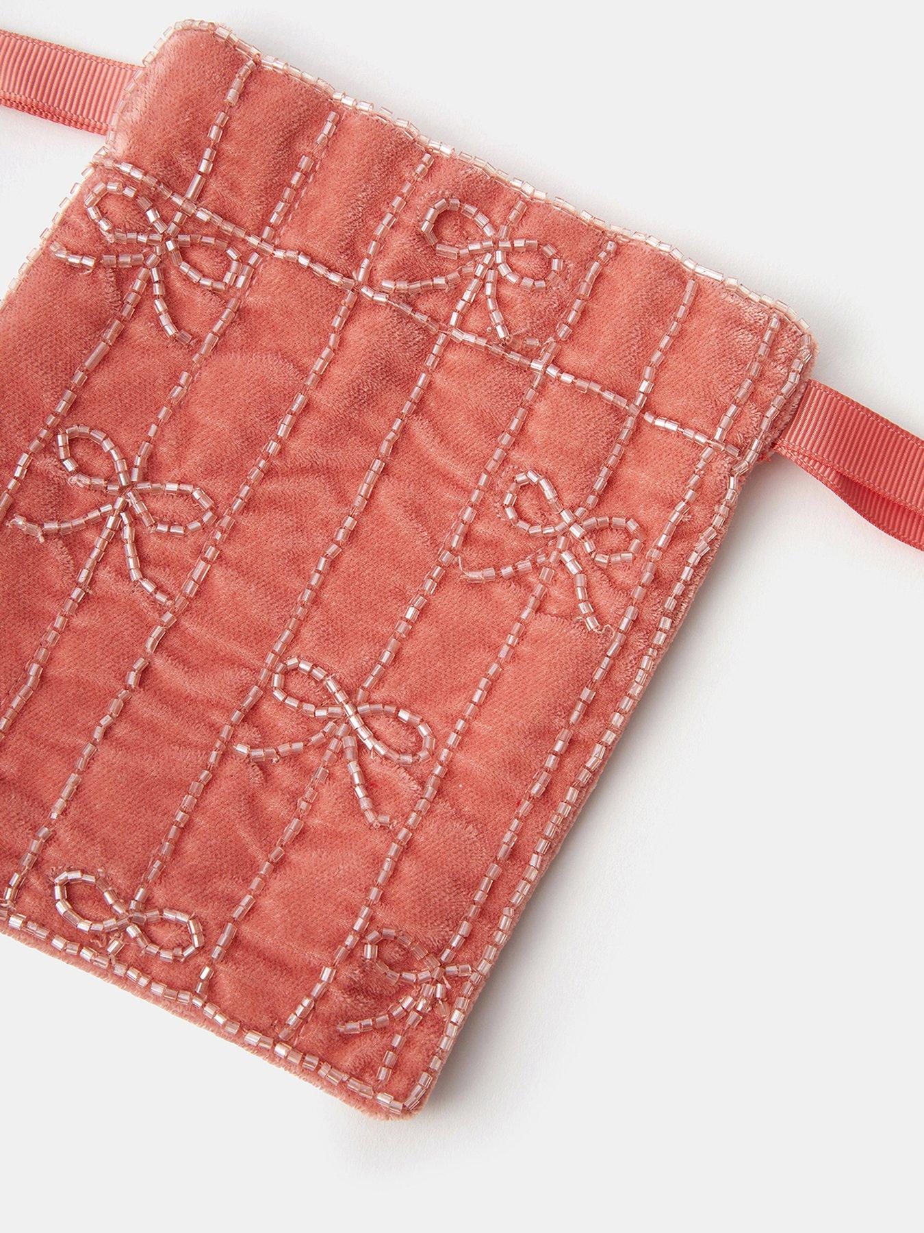 Image 3 of 3 of Accessorize Womens Velvet Beaded Bow Drawstring Bag - Pink