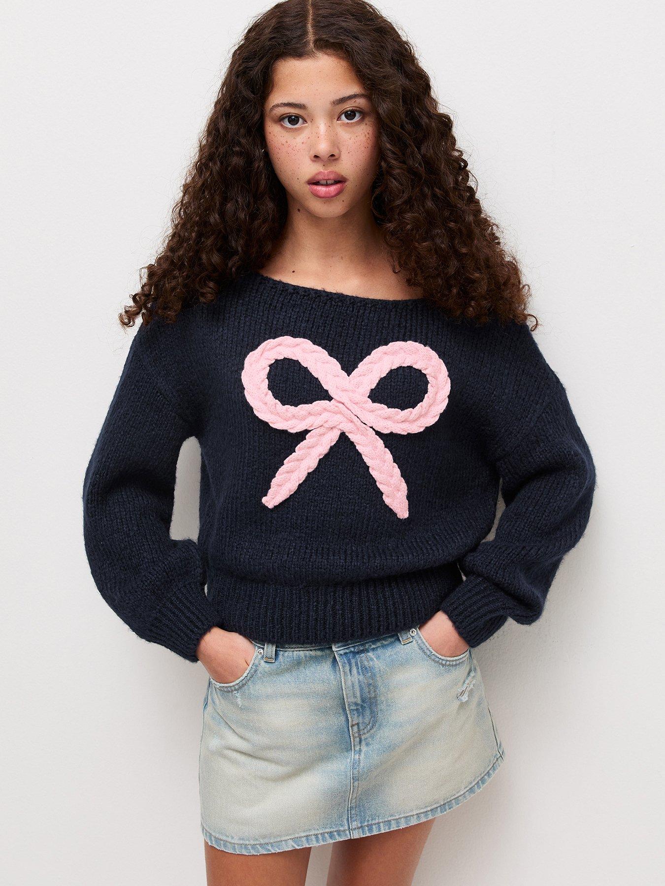 Image 1 of 6 of New Look 915 Girls Plaited Bow Knitted Jumper - Navy