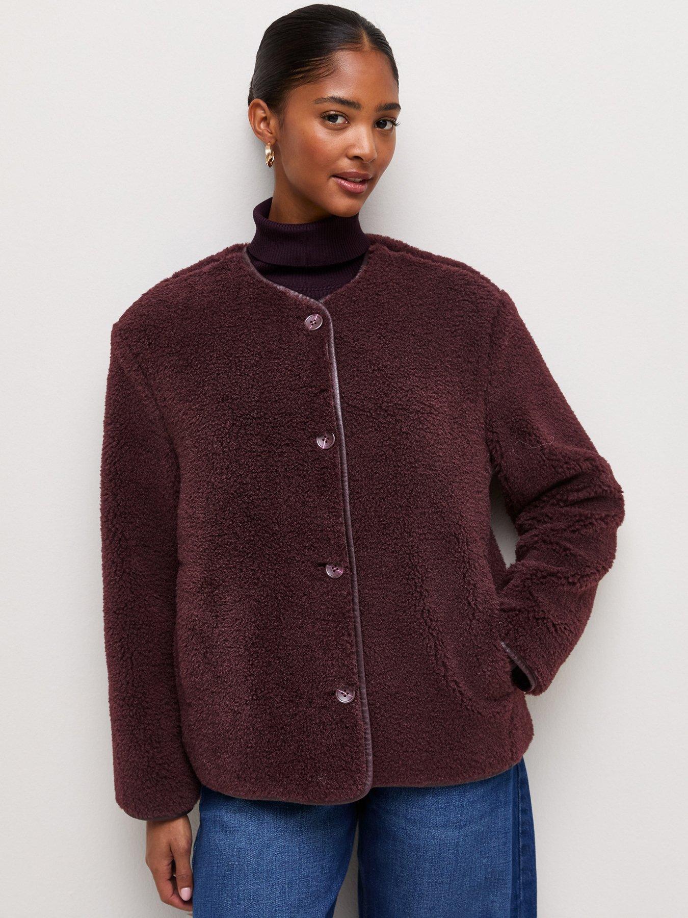 Image 1 of 6 of New Look Womens Borg Button-Through Collarless Jacket - Burgundy