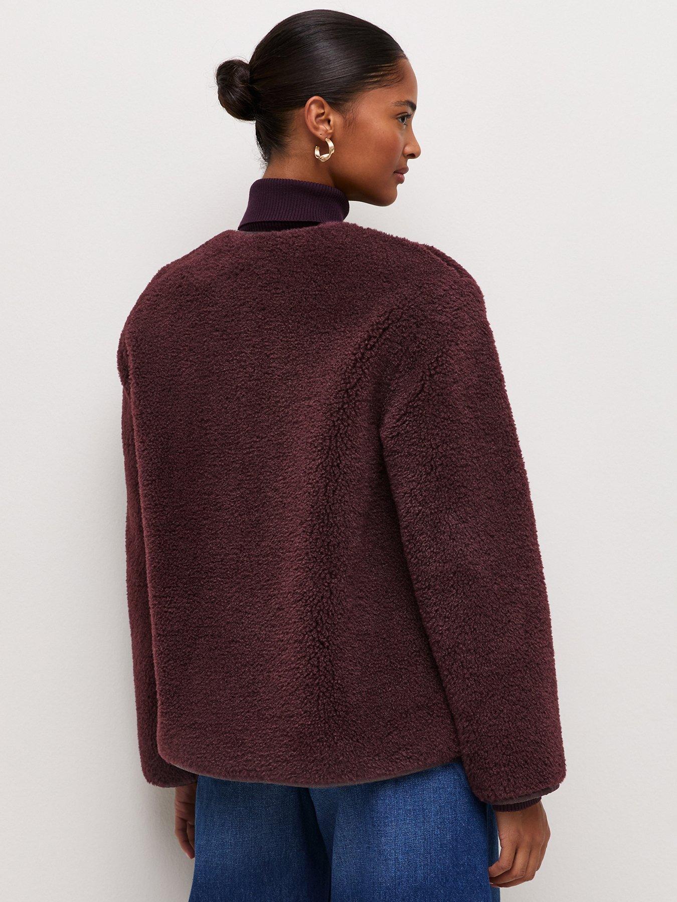 Image 2 of 6 of New Look Womens Borg Button-Through Collarless Jacket - Burgundy