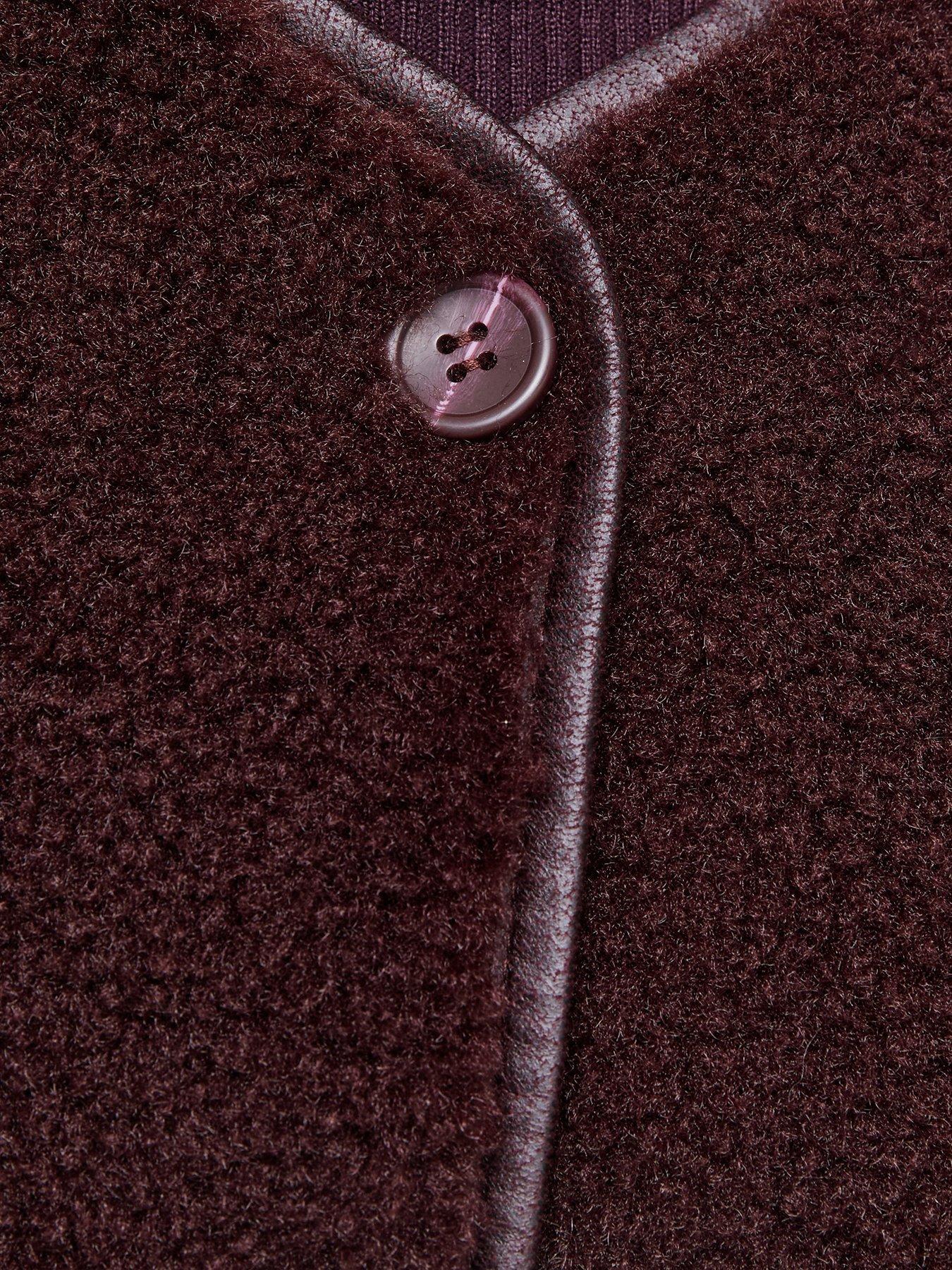 Image 6 of 6 of New Look Womens Borg Button-Through Collarless Jacket - Burgundy