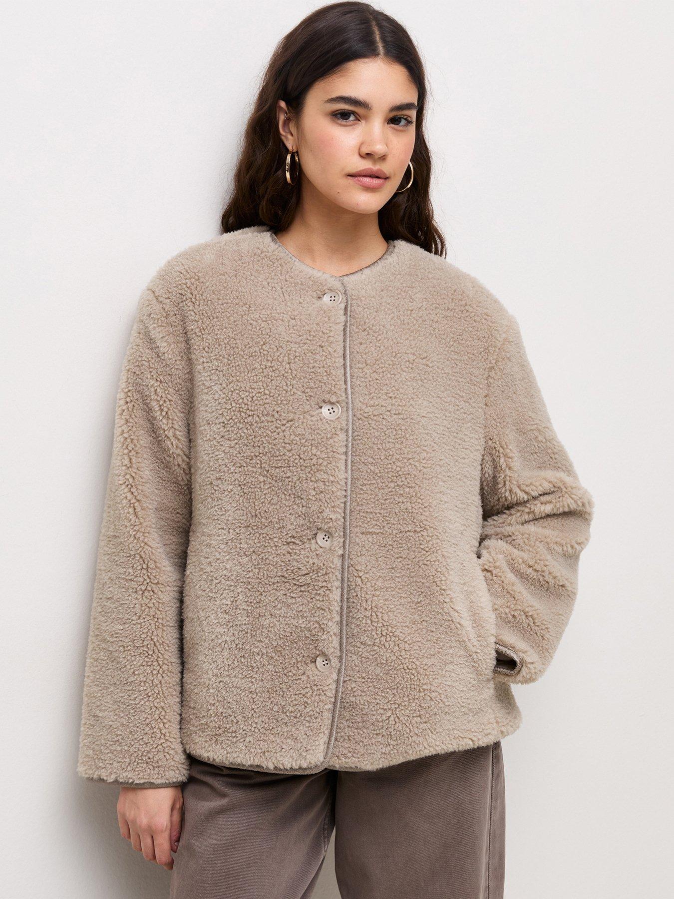 Image 1 of 5 of New Look Womens Boxy Borg Button Through Jacket - Brown