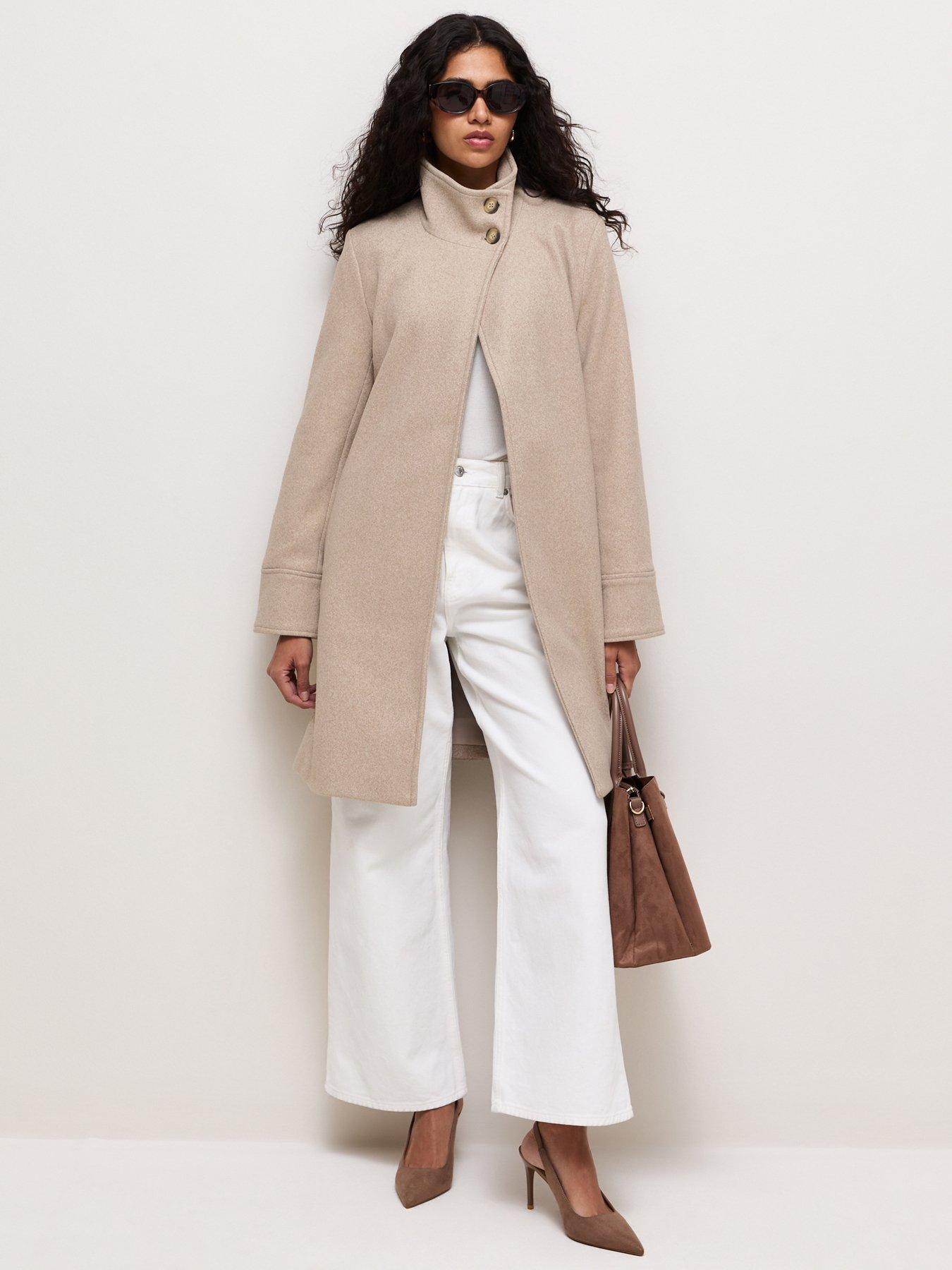 New Look Woven Funnel Neck Button Coat - Beige