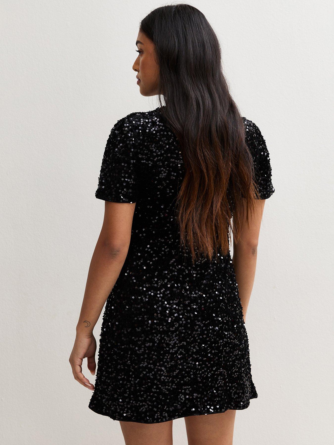 Image 2 of 5 of New Look Petite Black Sequin Short Sleeve Mini Shift Dress