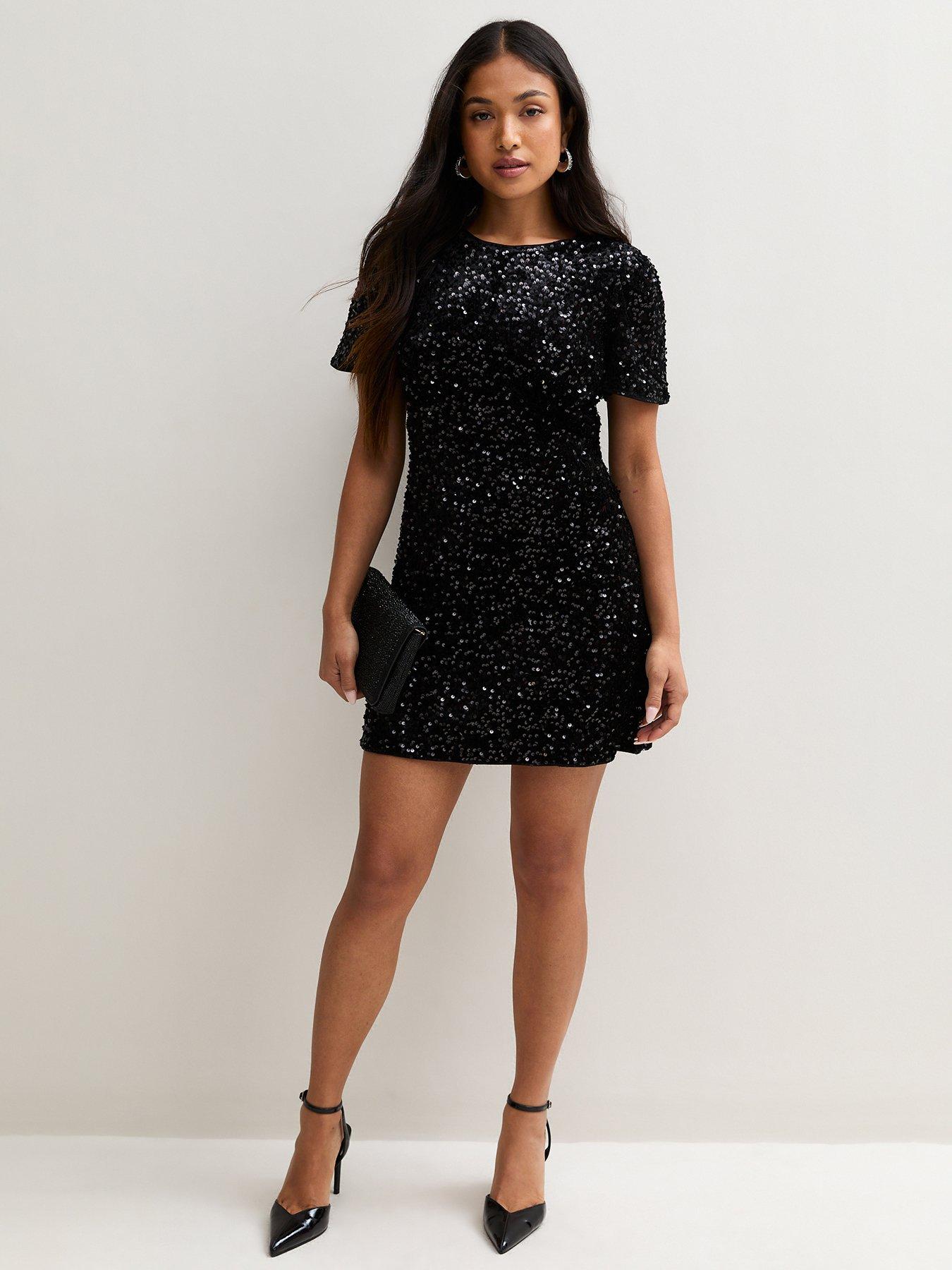 Image 3 of 5 of New Look Petite Black Sequin Short Sleeve Mini Shift Dress