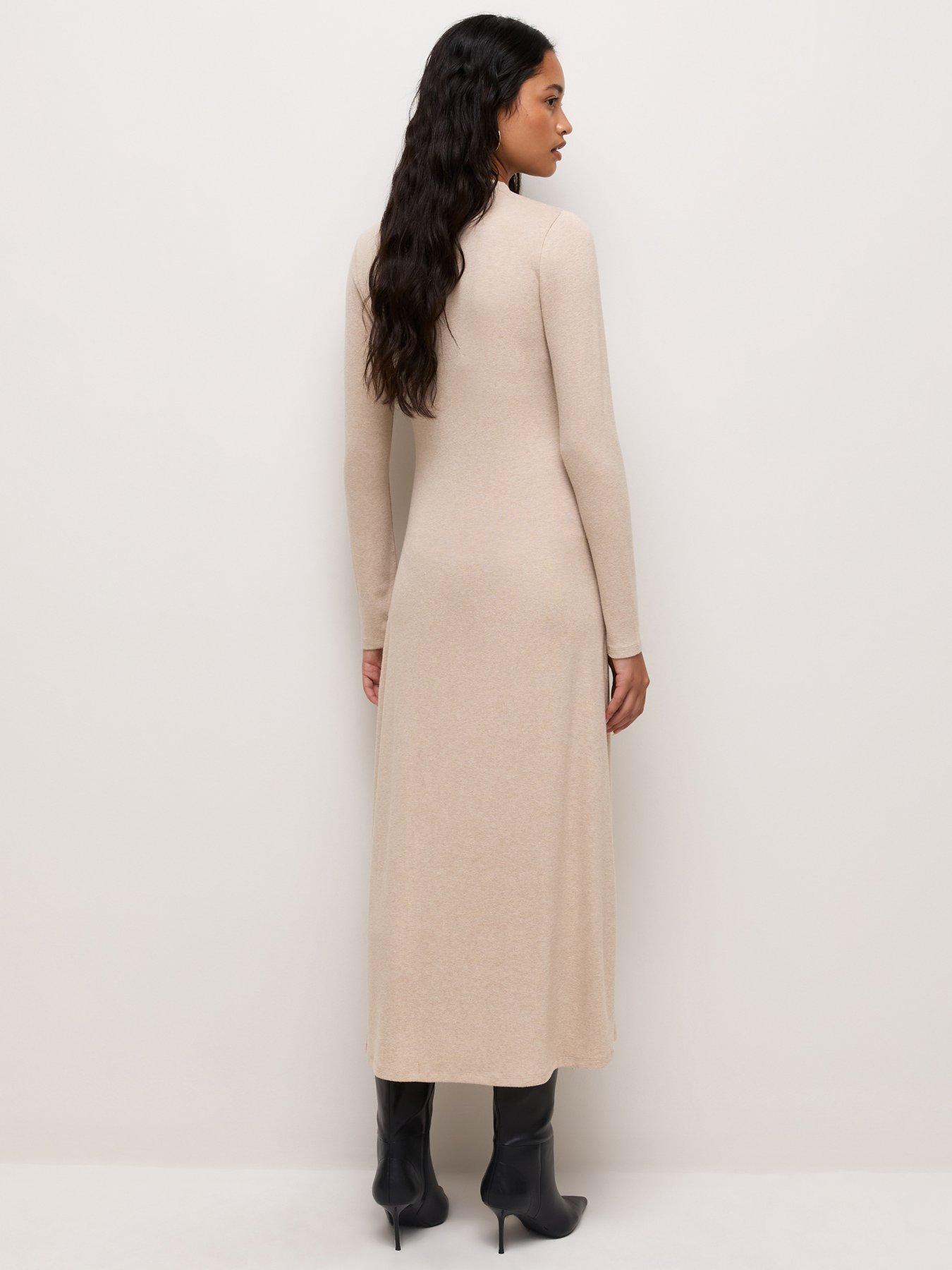 Image 2 of 5 of New Look Ruched Long Sleeve Jersey Midaxi Dress - Beige