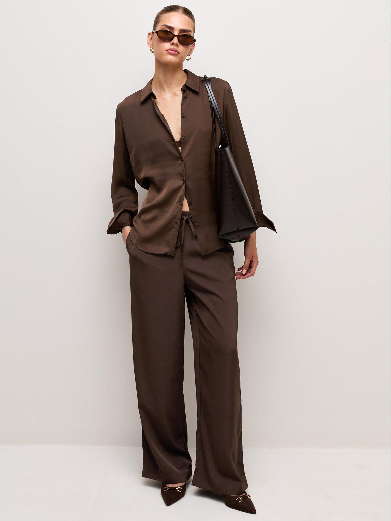 New Look Women's Satin Wide Leg Trousers - Brown