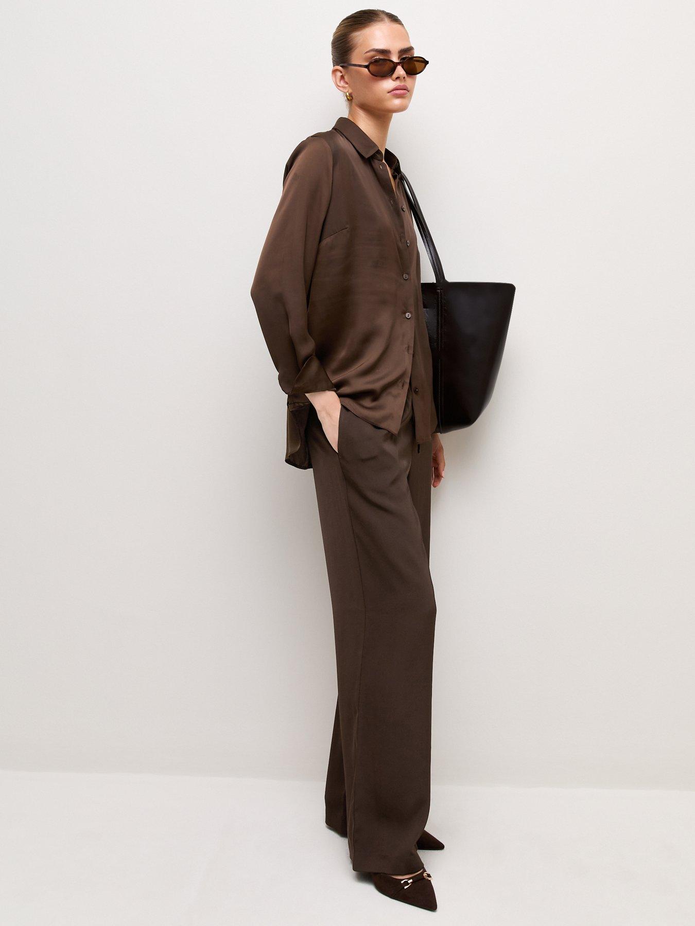 Image 3 of 5 of New Look Women's Satin Wide Leg Trousers - Brown