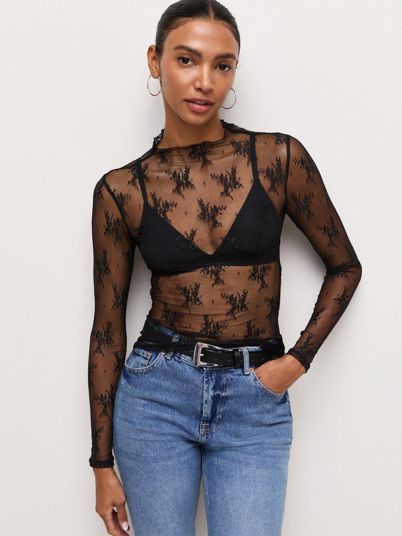 New Look Sheer Floral Lace Long Sleeve Top - Black