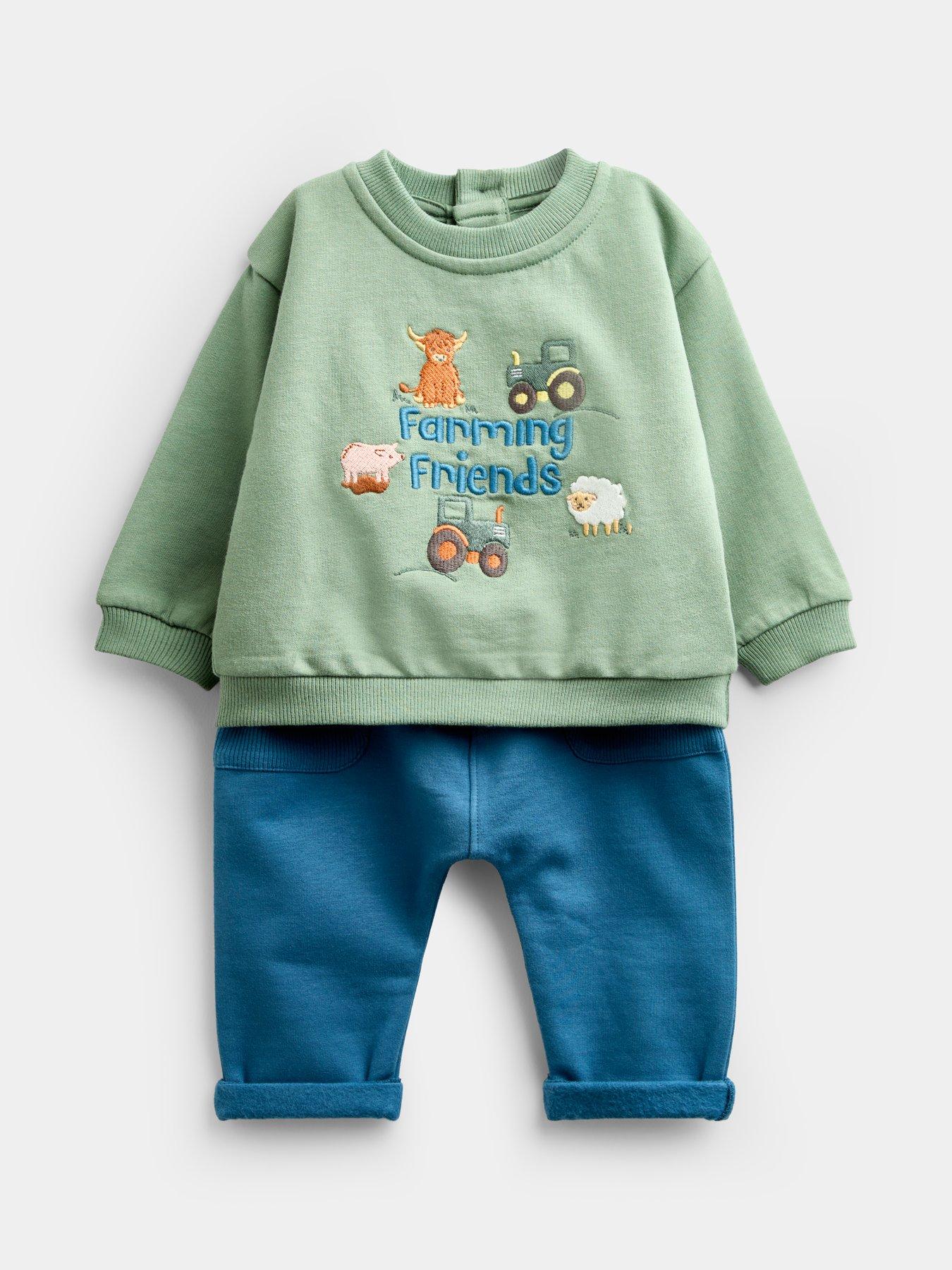 Image 1 of 6 of JoJo Maman Bebe Baby Boys 2 Piece Farming Days Sweatshirt &amp; Jogger Set - Green