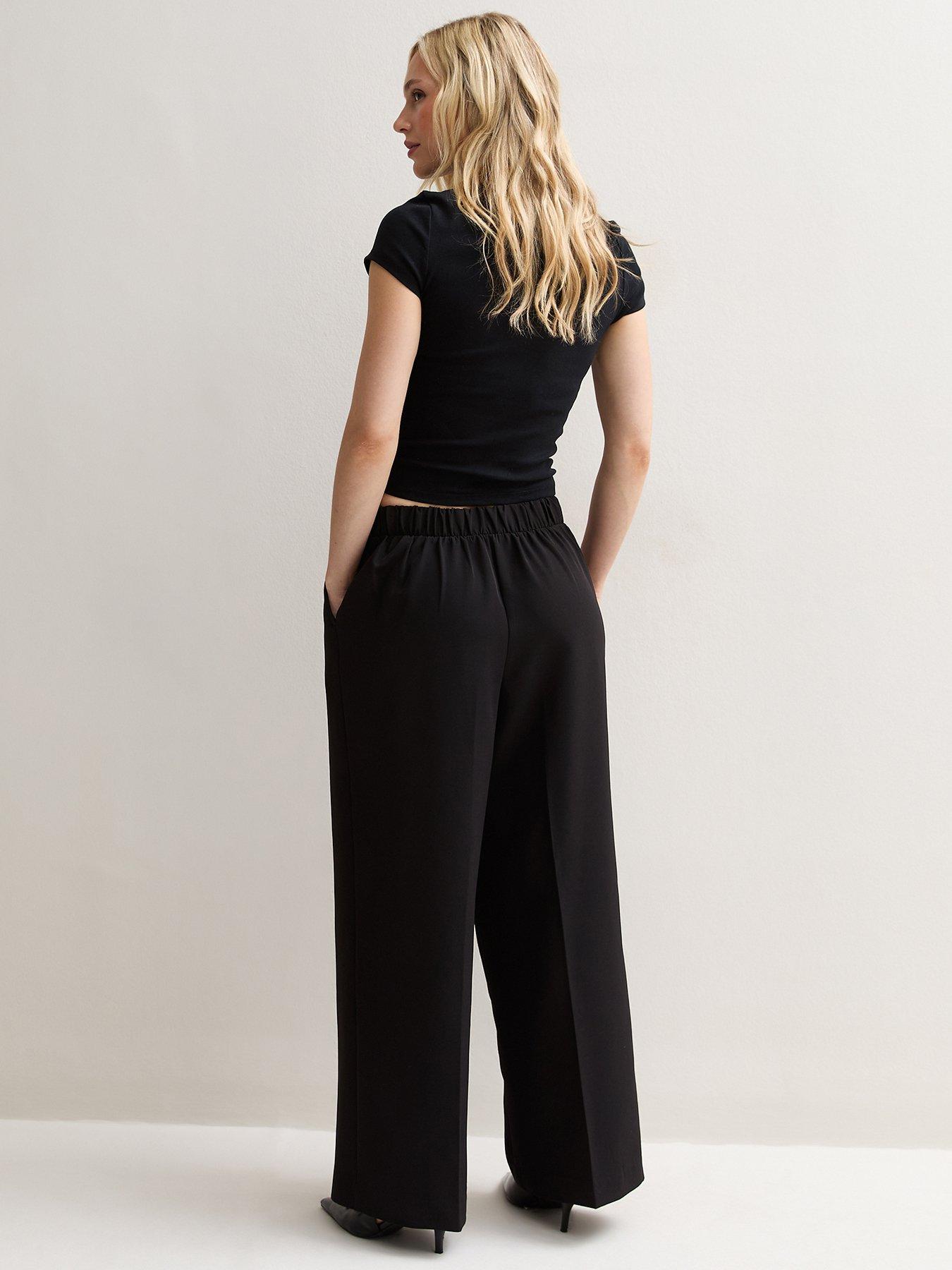Image 2 of 6 of New Look Petite Black Pull On Wide Leg Trousers
