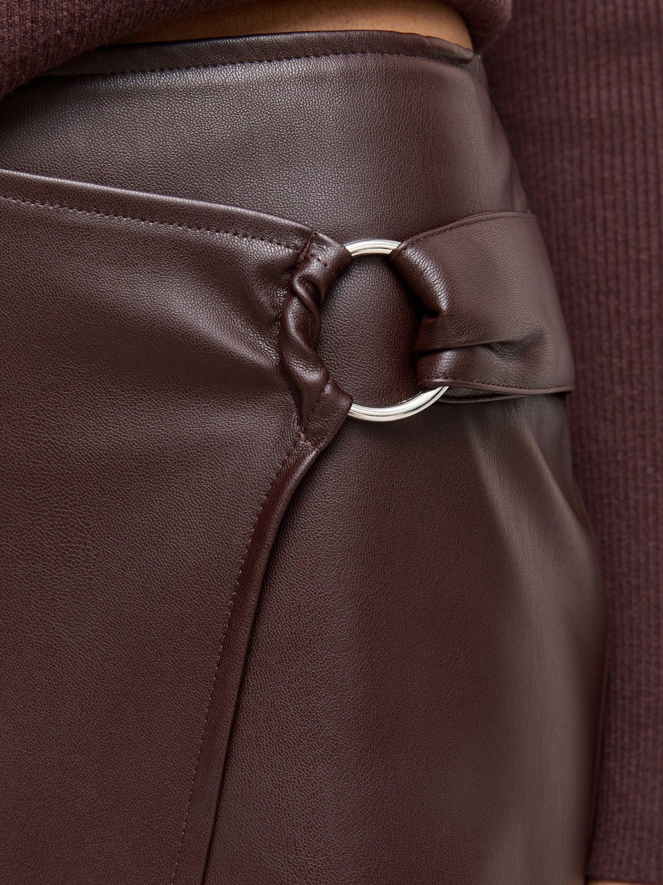 Image 4 of 4 of New Look Dark Brown Faux Leather Hardware Detail Wrap Skirt
