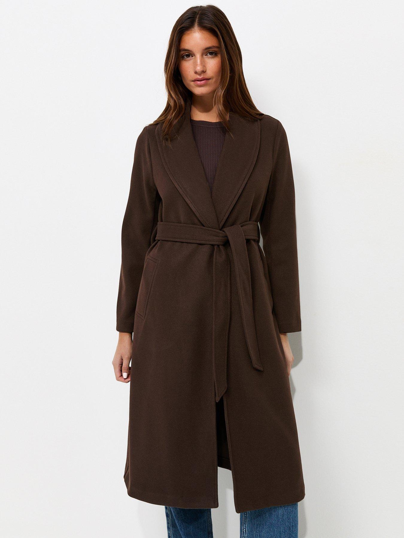 New Look Dark Brown Shawl Collar Belted Wrap Coat