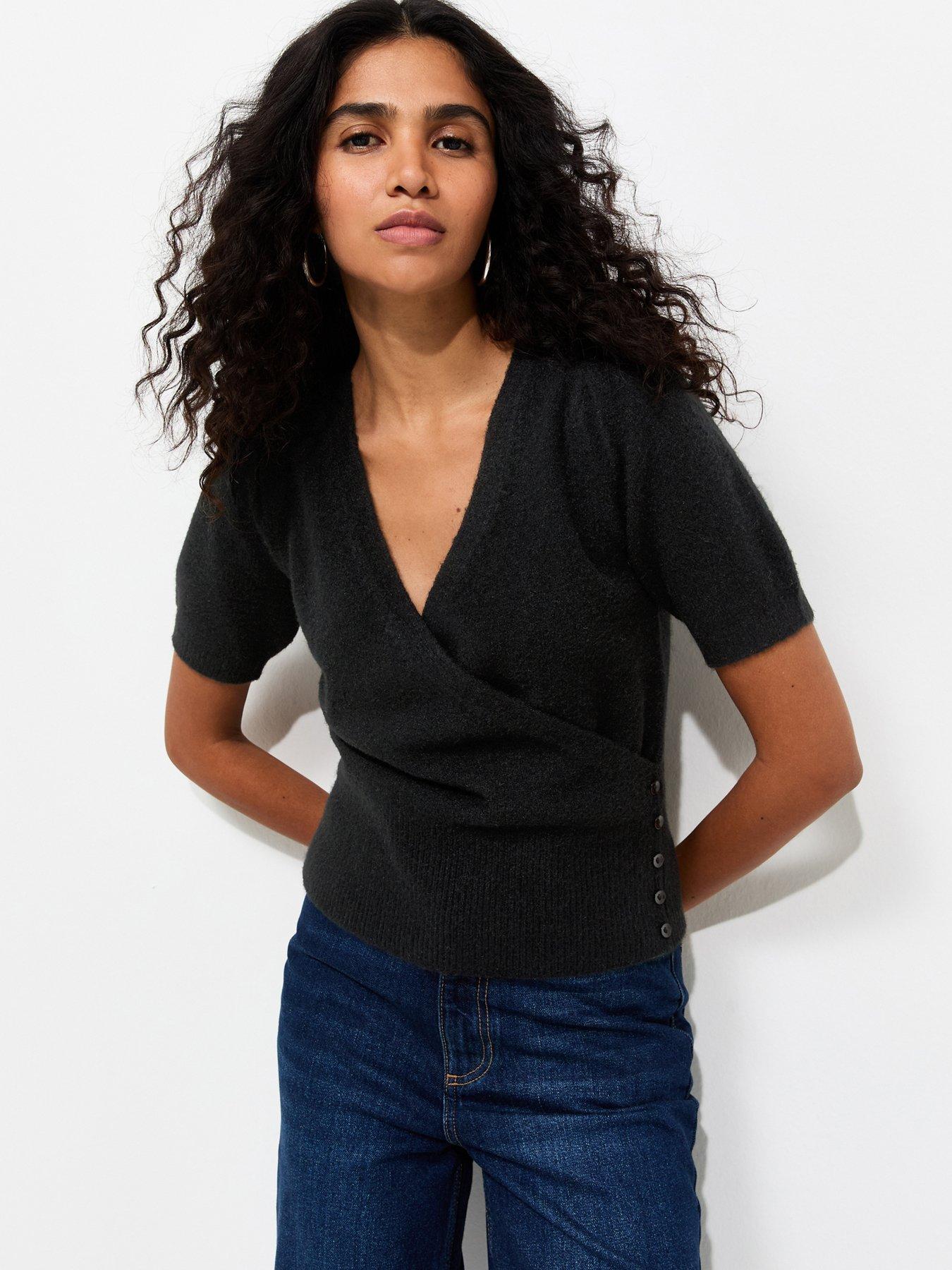 New Look Wrap Front Puff Sleeve Knitted Top - Black