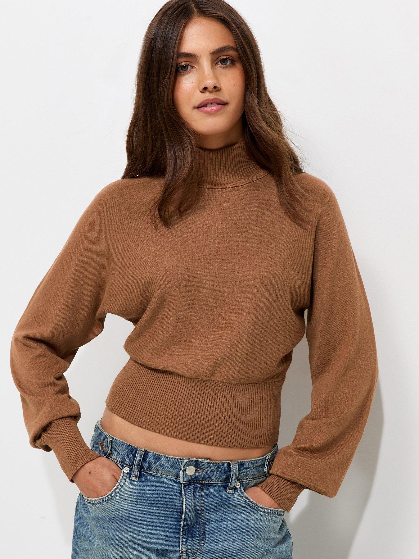 Image 1 of 5 of New Look Womens High Neck Batwing Sleeve Knitted Jumper - Brown