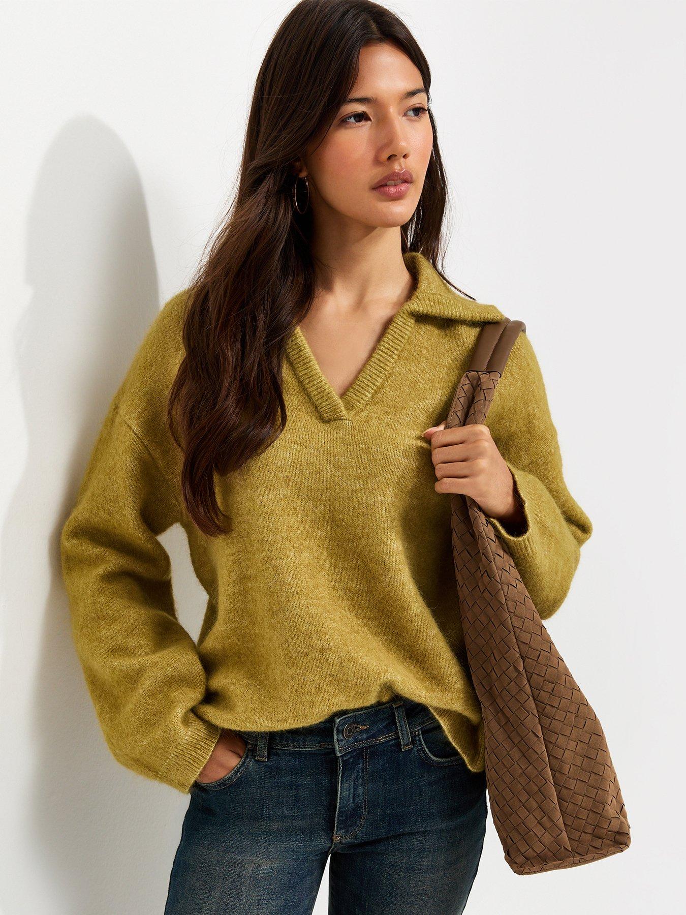 Image 1 of 6 of New Look Womens Polo Collar Wool-Blend Knitted Jumper - Green