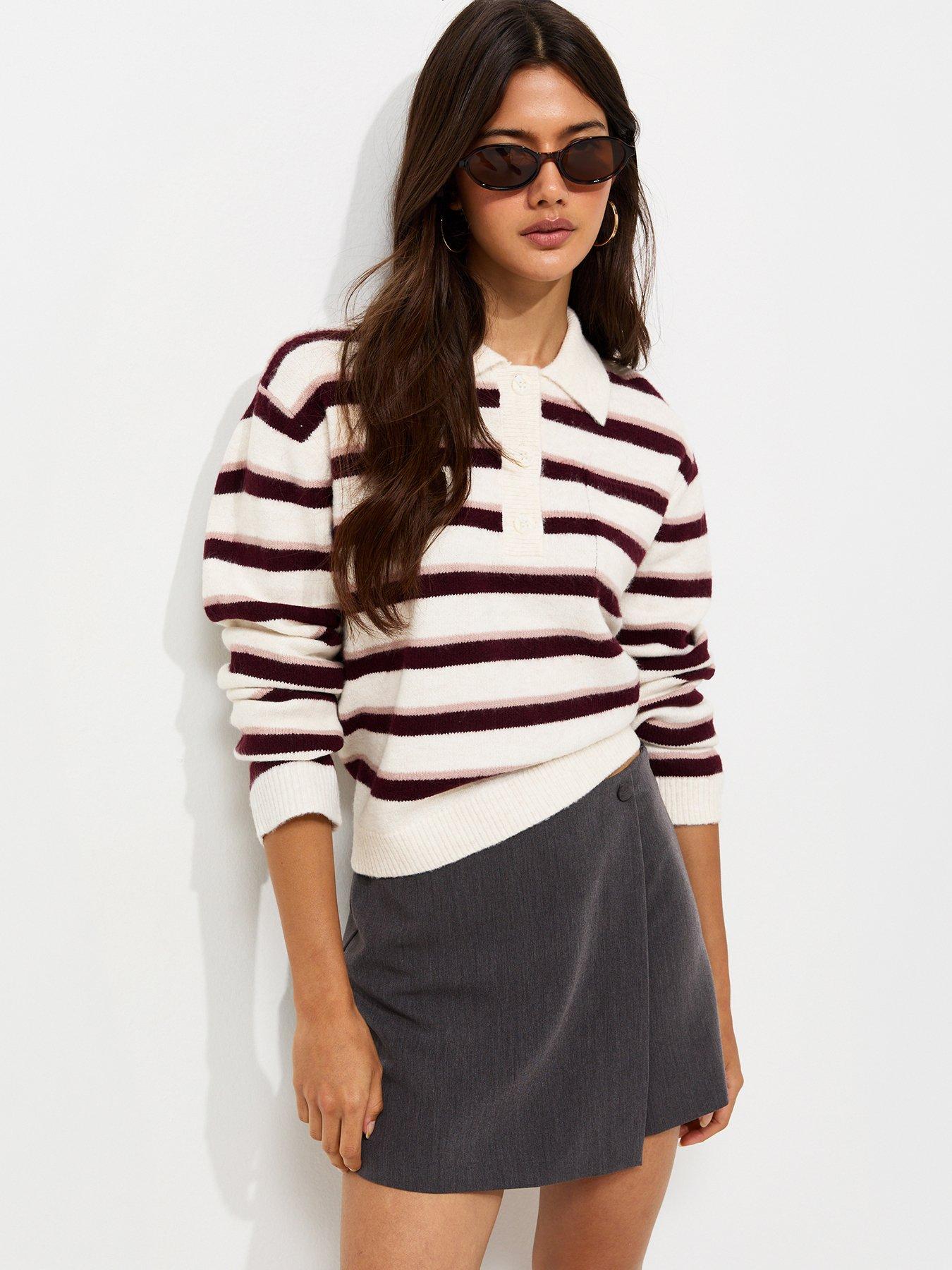 Image 1 of 6 of New Look New Look Womens Striped Patch Pocket Polo Jumper - Cream