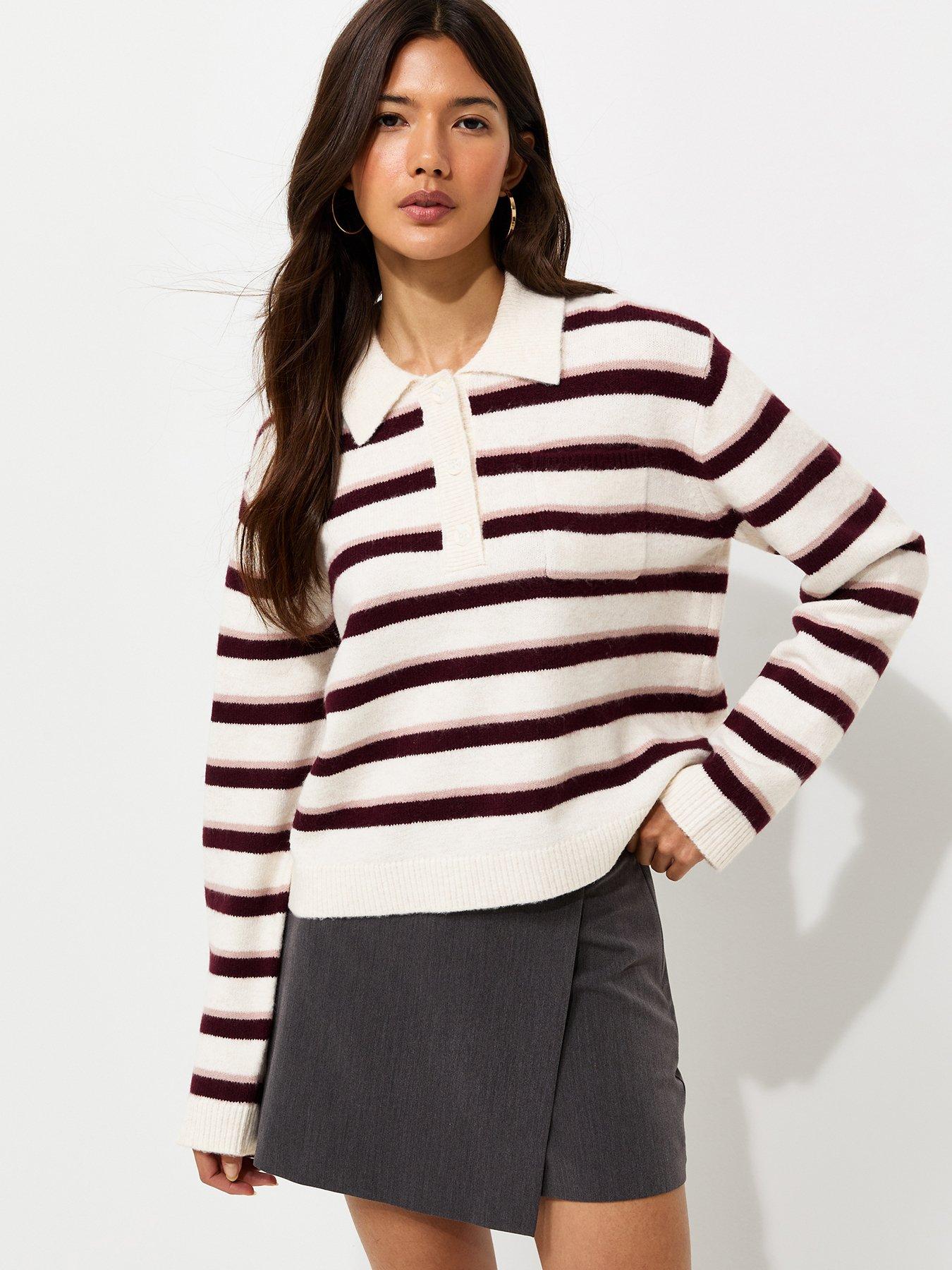 Image 4 of 6 of New Look New Look Womens Striped Patch Pocket Polo Jumper - Cream